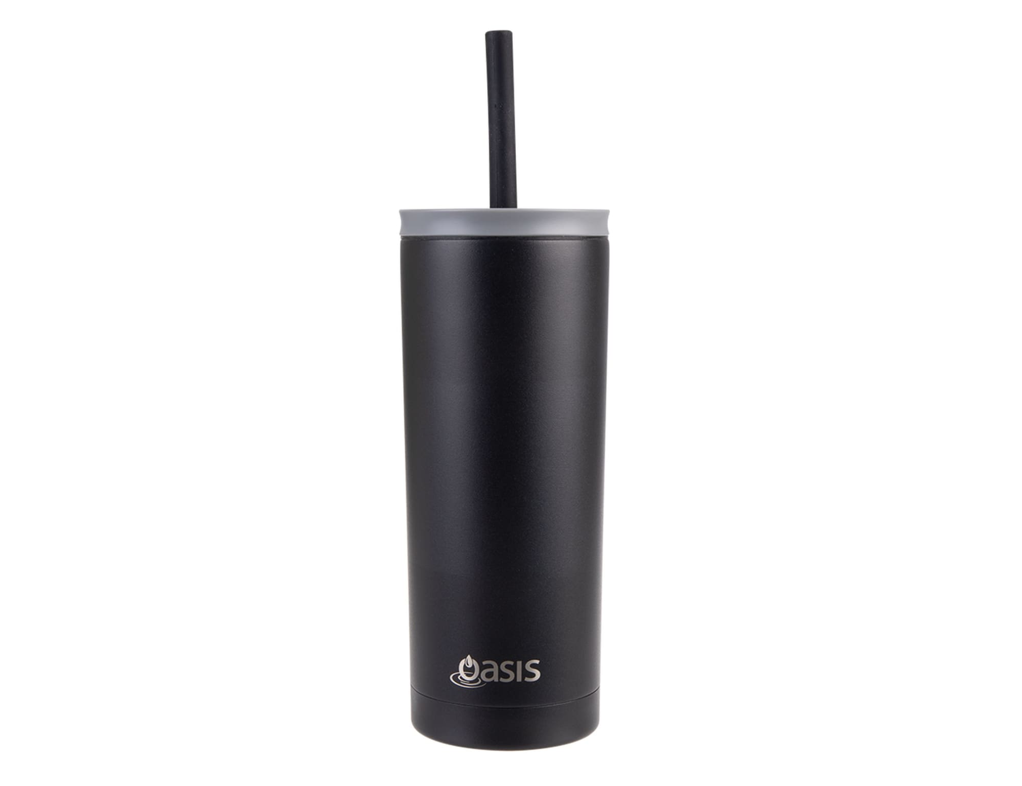 A drink bottle featuring a sleek black design, with a straw and a branding logo at the base.