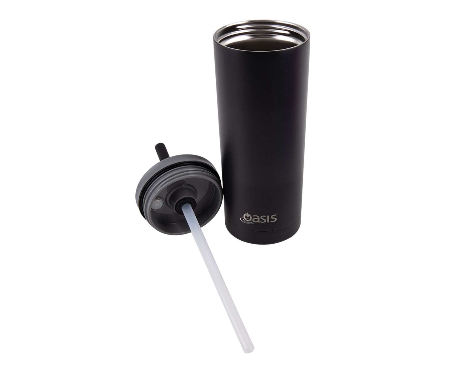 A drink bottle featuring a sleek black design, with a removable lid and straw, and a logo incorporated.