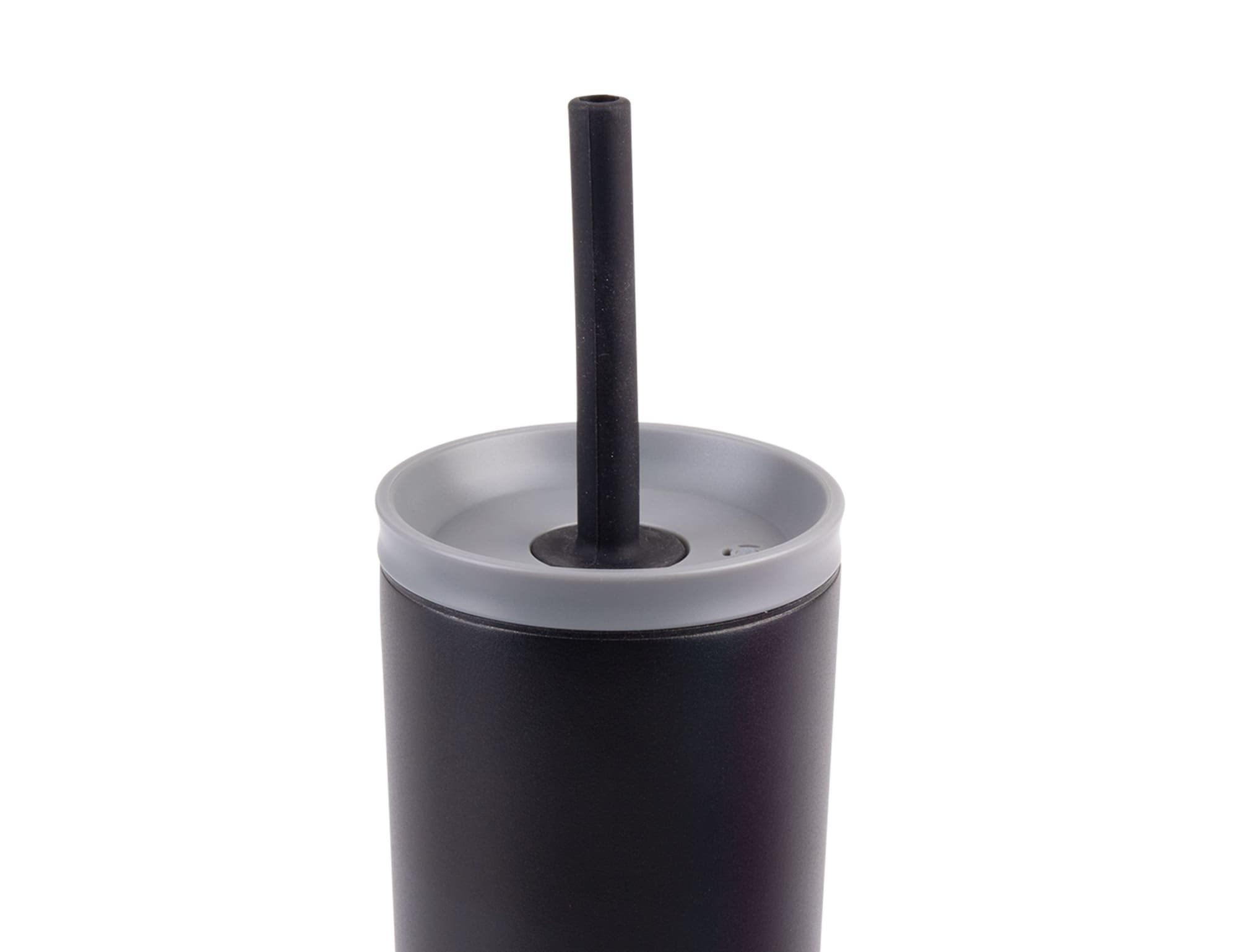 A drink bottle featuring a sleek black design with a grey lid and a black straw. It has a logo on the side.