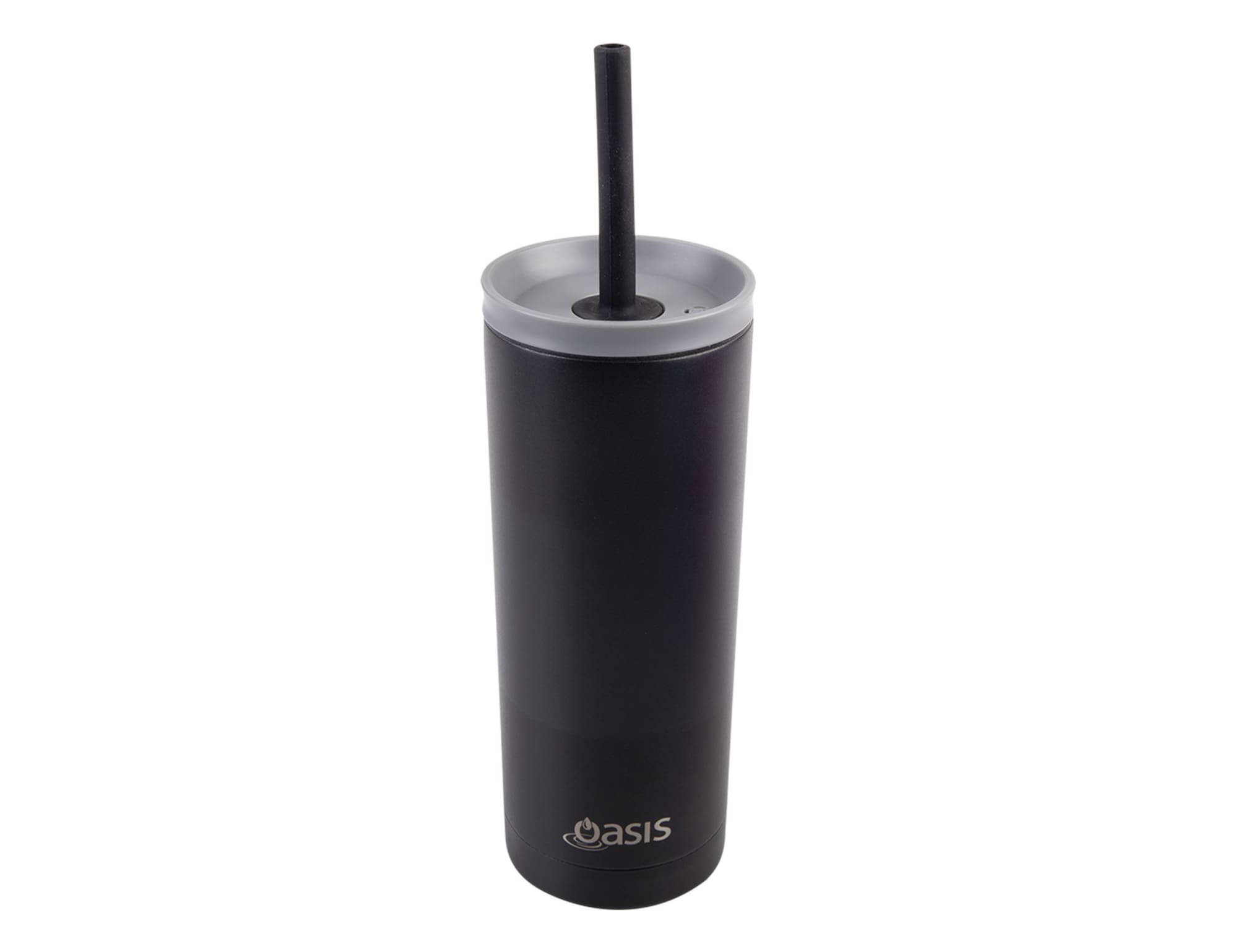 A drink bottle featuring a black finish, a straw, and a lid, with a logo on the front.