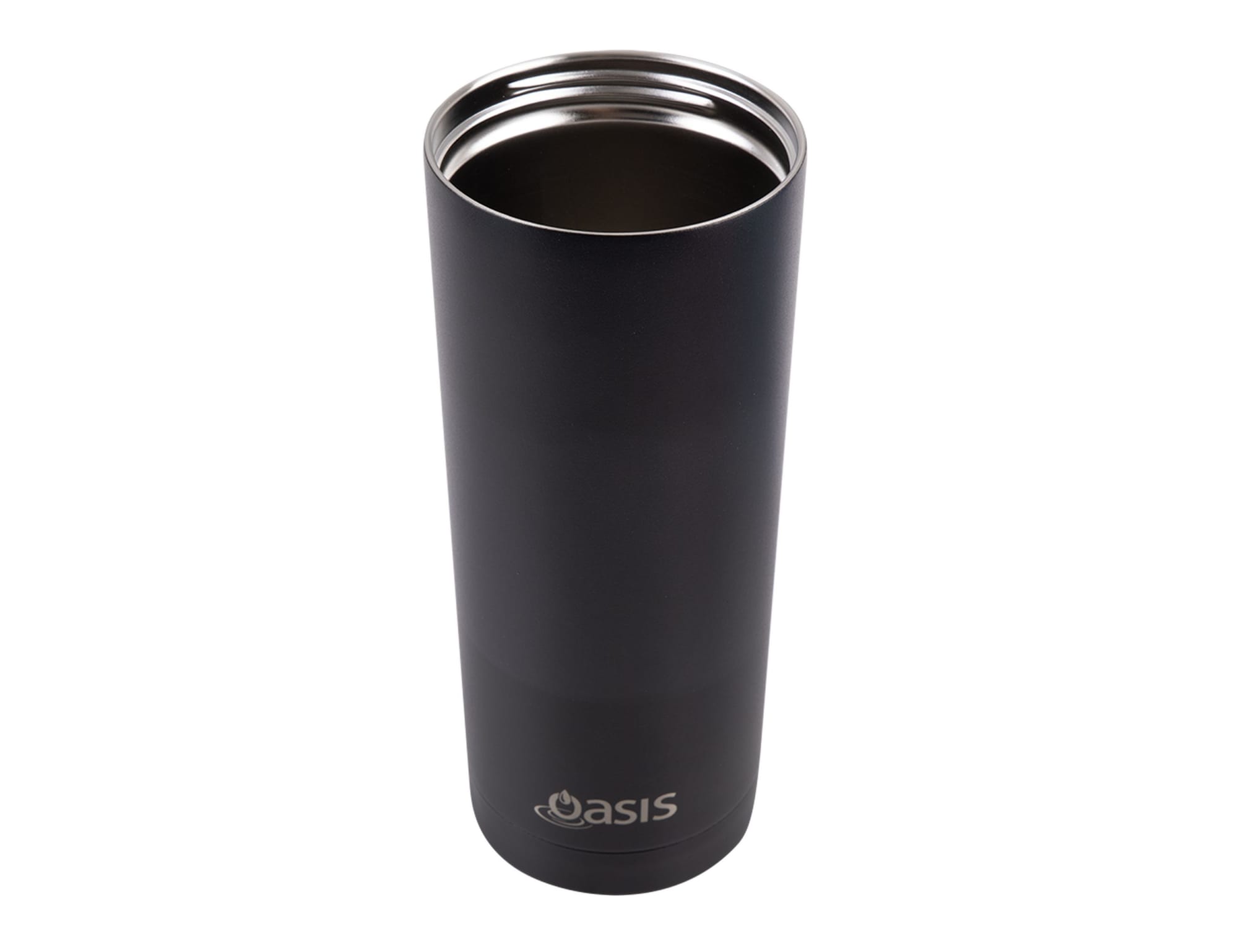 A drink bottle in matte black finish, featuring a stainless steel interior and a logo near the base.