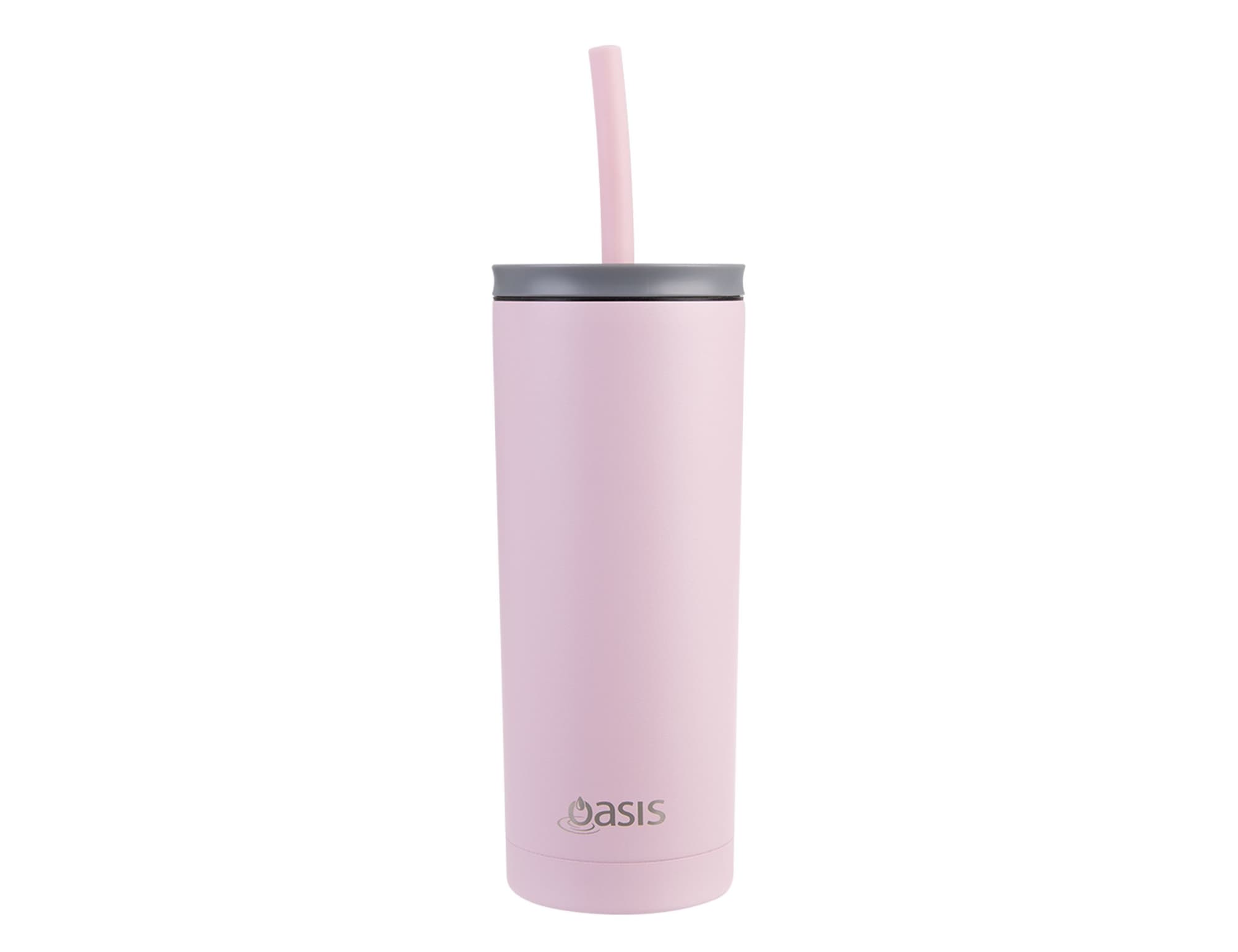 A drink bottle in pastel pink with a straw and a grey lid, featuring a logo on the base.