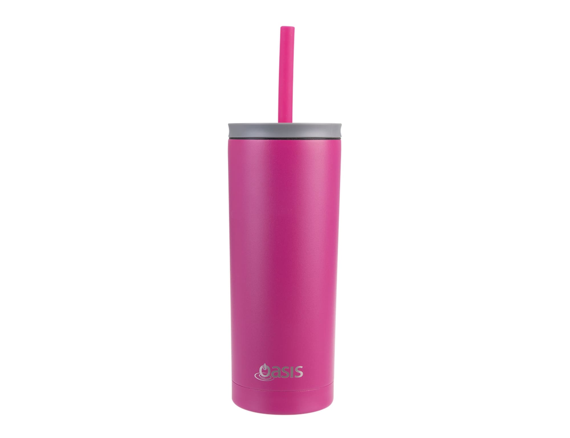 A drink bottle in vibrant pink with a grey lid and a straw, featuring a logo on its body.