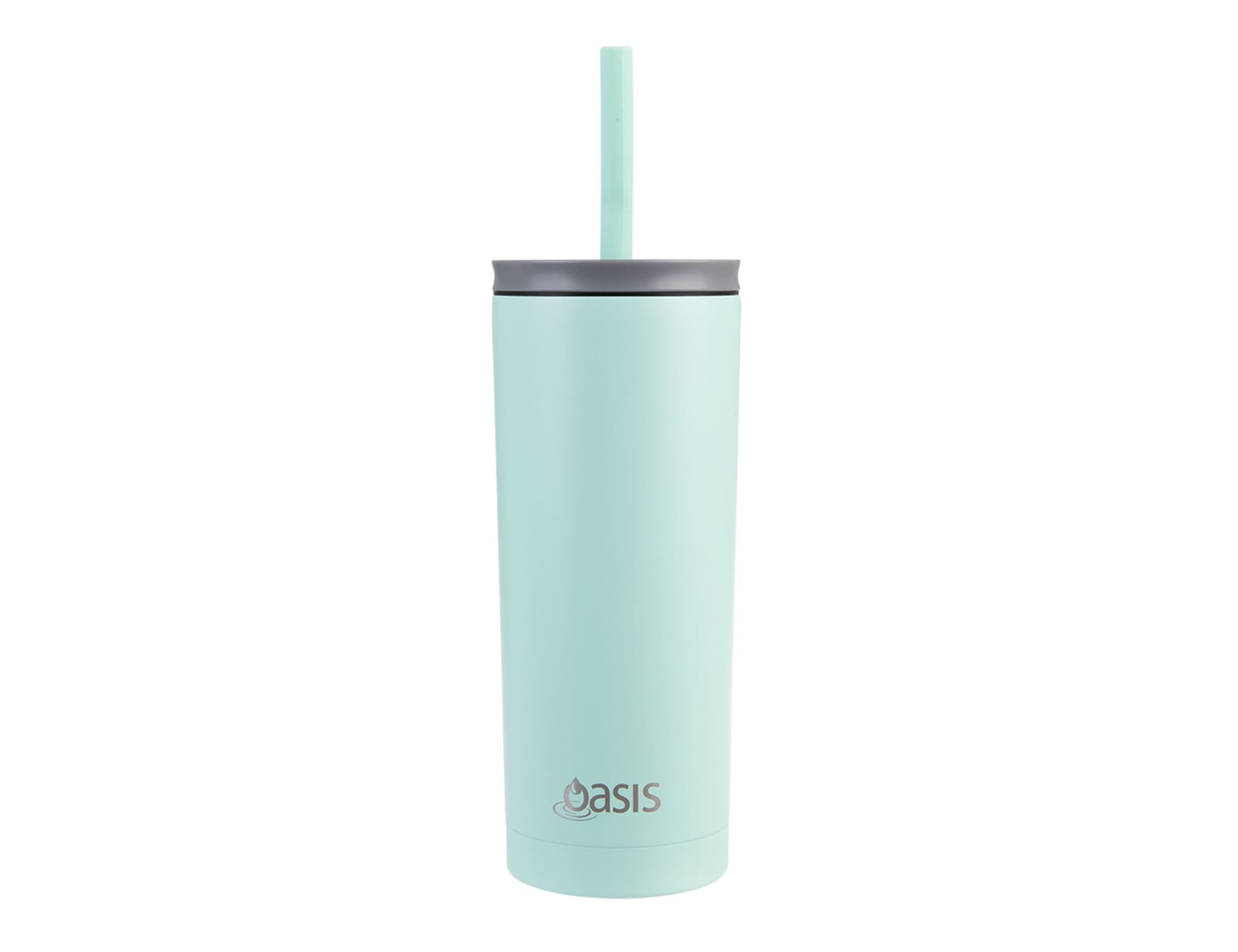 A drink bottle with a light teal finish, featuring a straw and a lid, and a logo on the front.