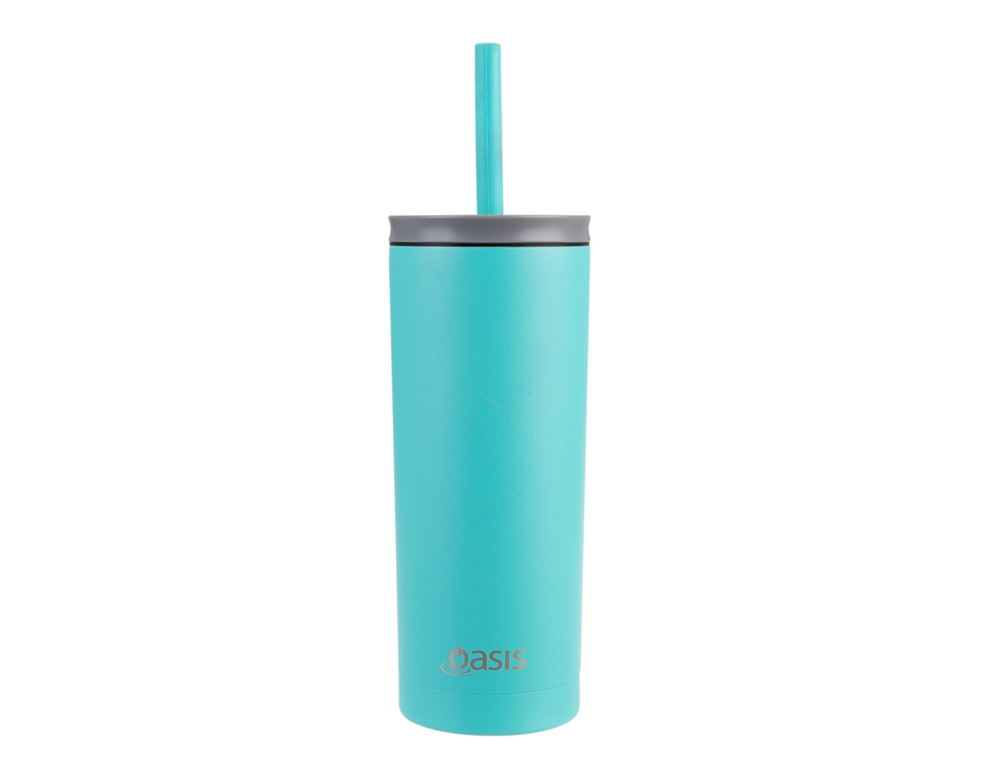A drink bottle featuring a turquoise exterior, grey lid, and a straw, with an accompanying logo.