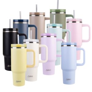 A drink bottle collection featuring various colours, including black, beige, green, pink, and blue, with straws and handles.
