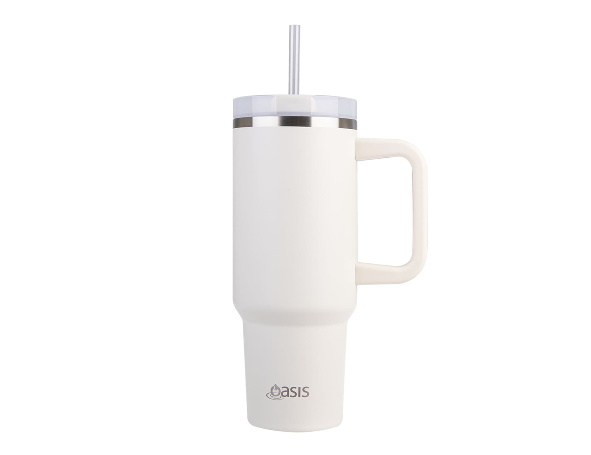 A drink bottle in white with a handle and straw, featuring a silver rim and an Oasis logo.