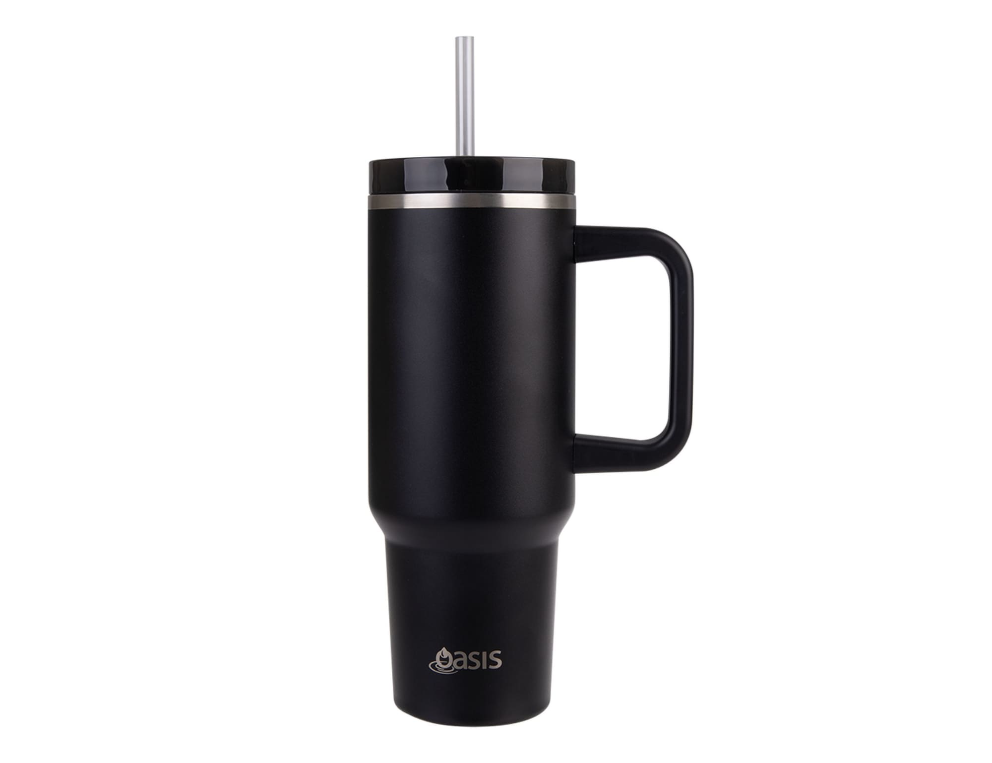 A drink bottle in matte black with a handle, stainless steel straw, and a logo. Ideal for travel.