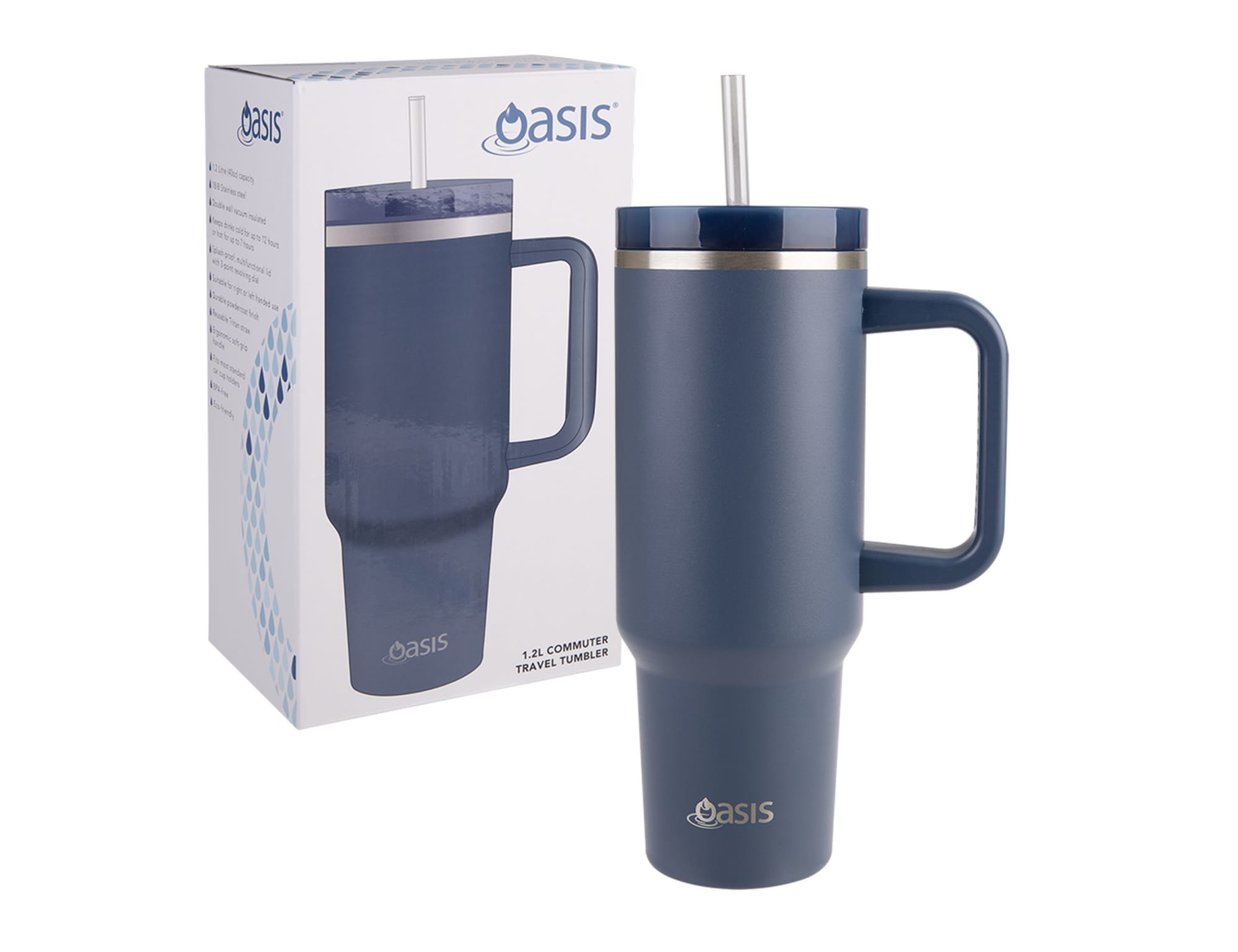 A drink bottle featuring a navy blue design, with a handle and metal accents, accompanied by its packaging.