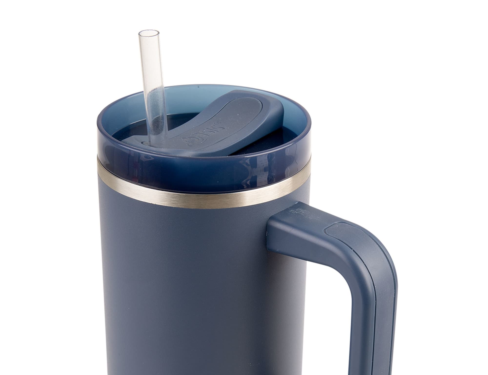 A drink bottle in dark blue with a straw and a handle, featuring a silver band and a lid.