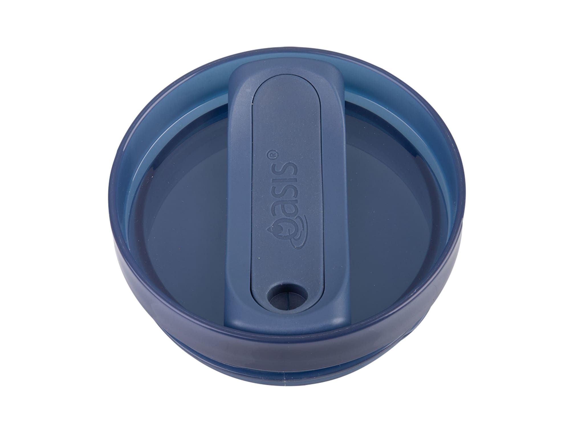 A drink bottle lid in dark blue with a sliding mechanism and a mouthpiece opening, featuring a logo.