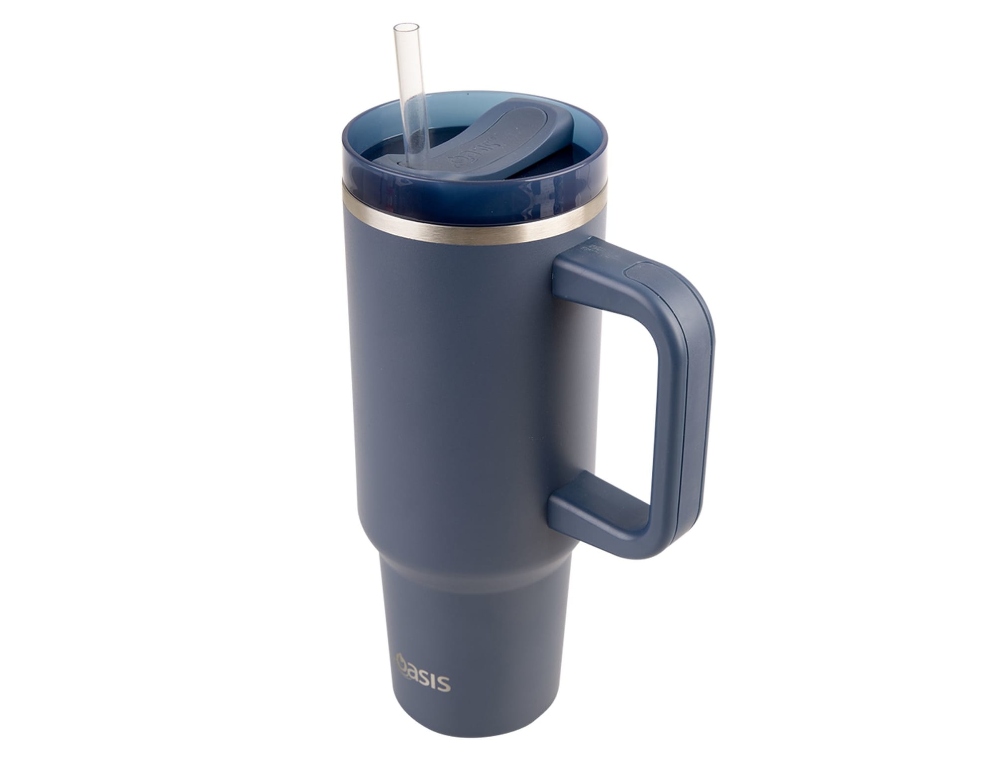 A drink bottle featuring a navy blue design, a handle, and a straw, with a logo on the side.