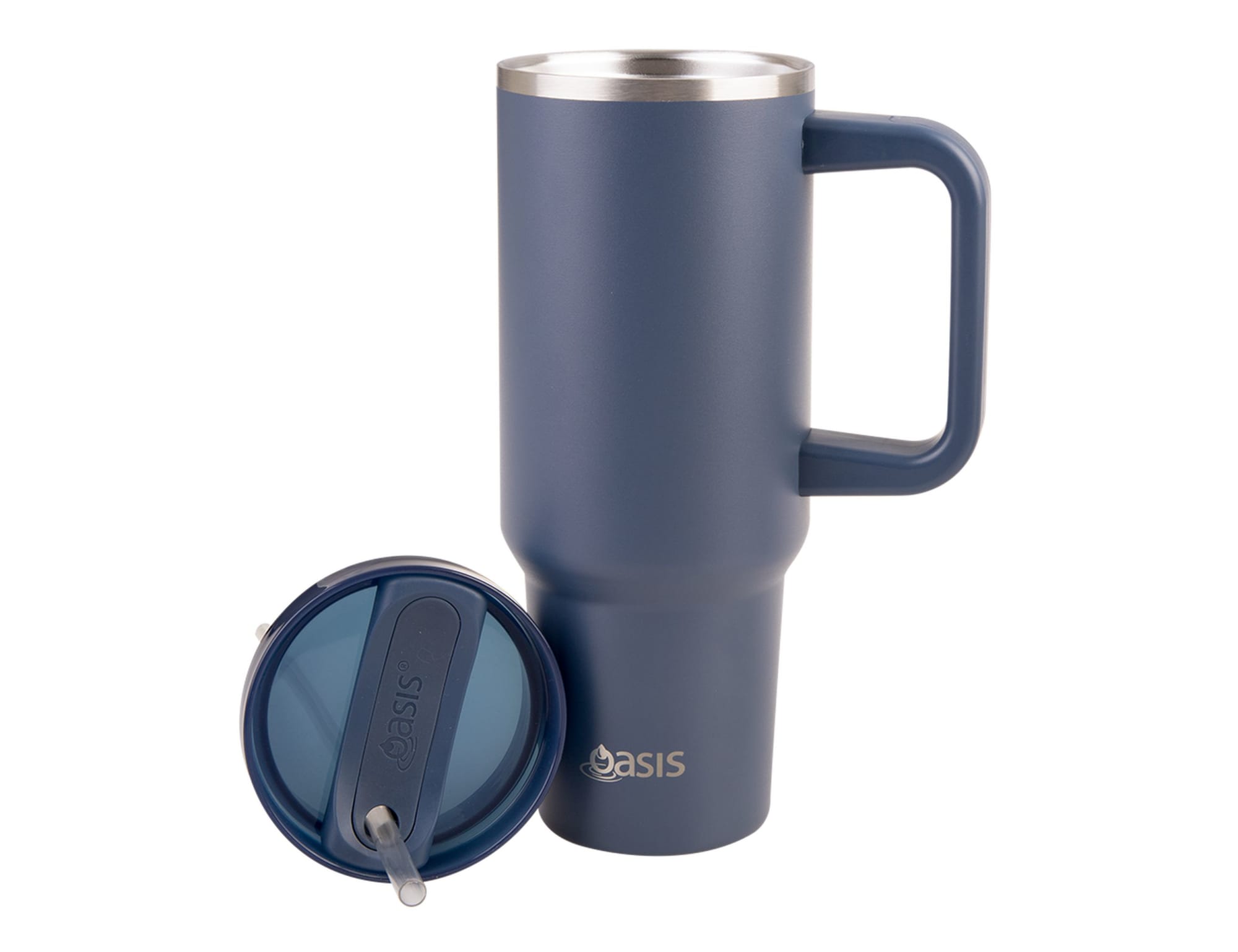 A drink bottle in navy blue with a stainless steel lid and a removable straw, featuring a handle and a logo.
