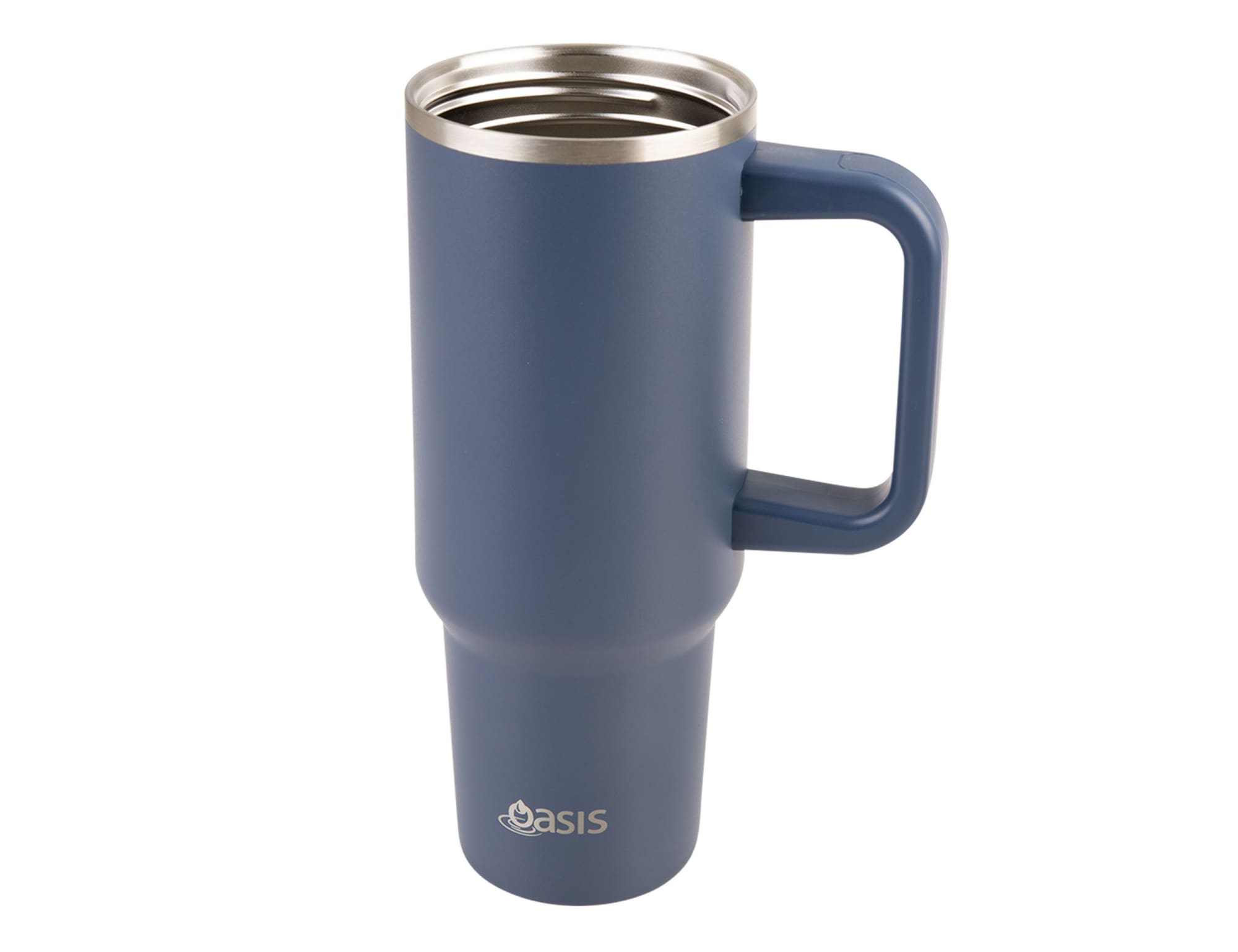 A drink bottle featuring a navy blue body, silver rim, and a sturdy handle, with a logo on the front.