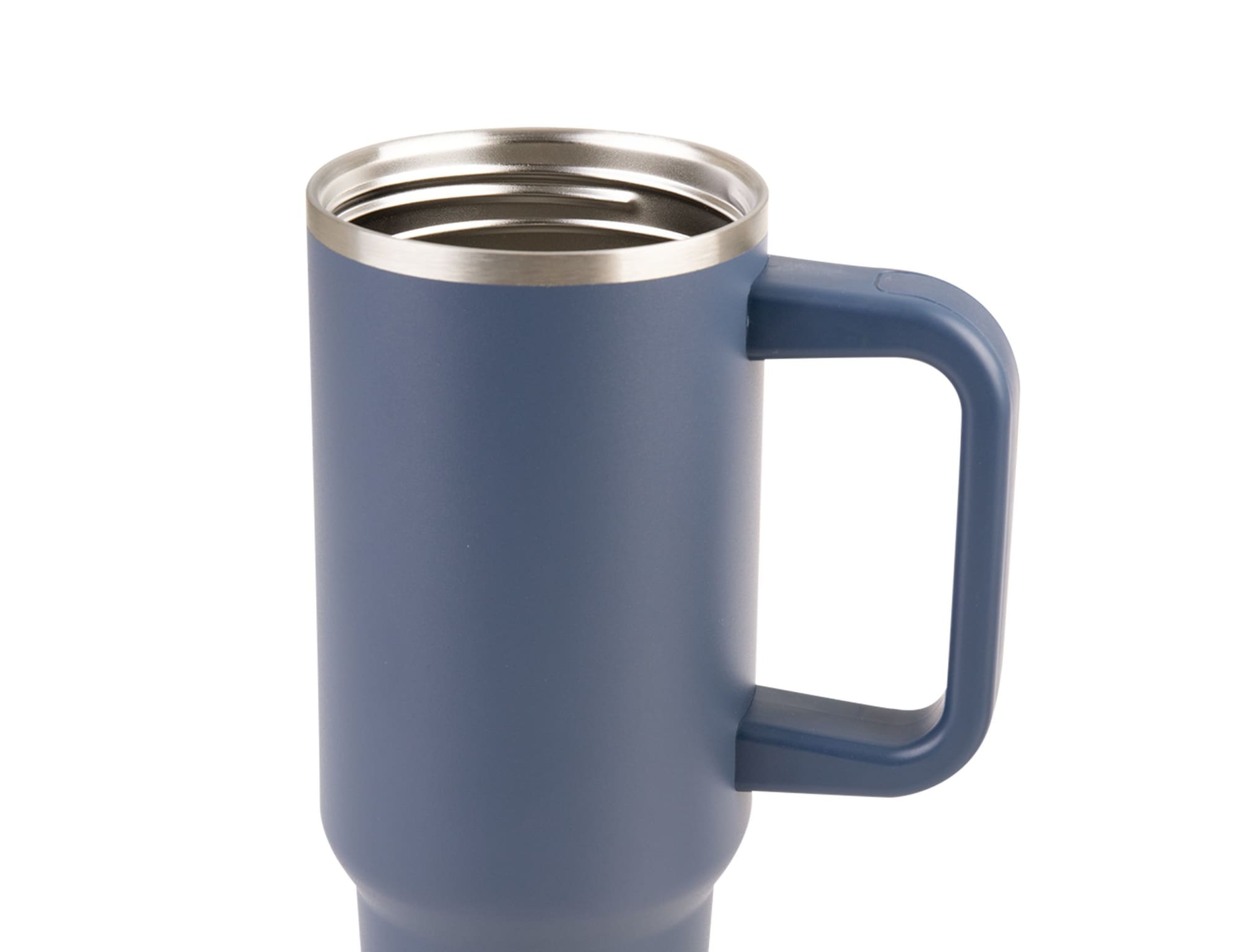 A drink bottle in navy blue with a stainless steel rim and a sturdy handle. It features a logo on the side.