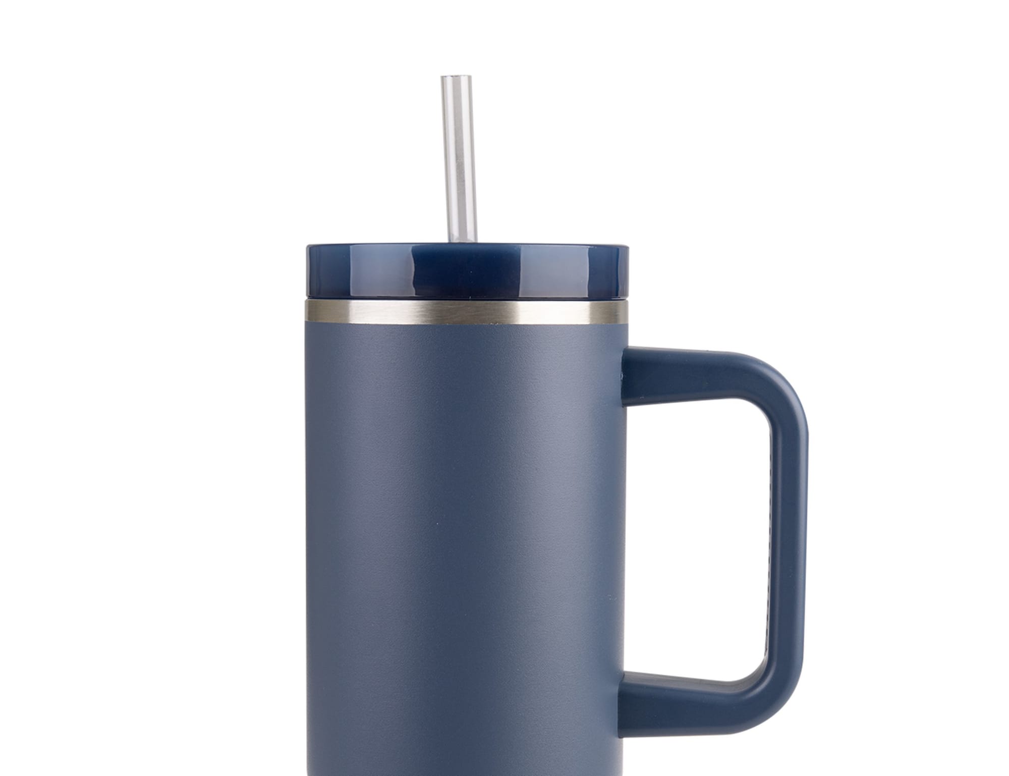 A drink bottle with a navy exterior, stainless steel lid, and a straw, featuring a handle for easy gripping.