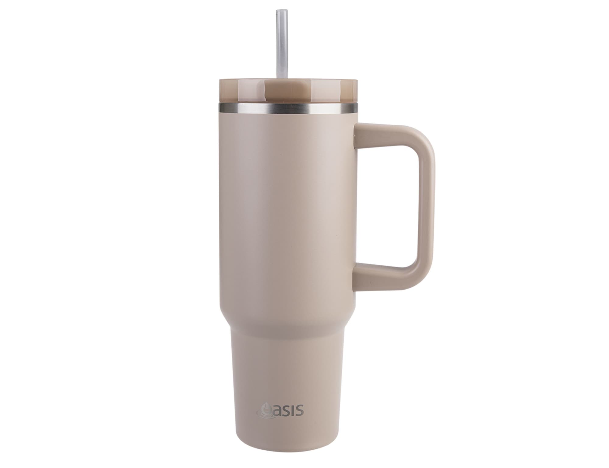 A drink bottle in a light beige colour with a handle and straw, featuring a stainless steel lid and logo.