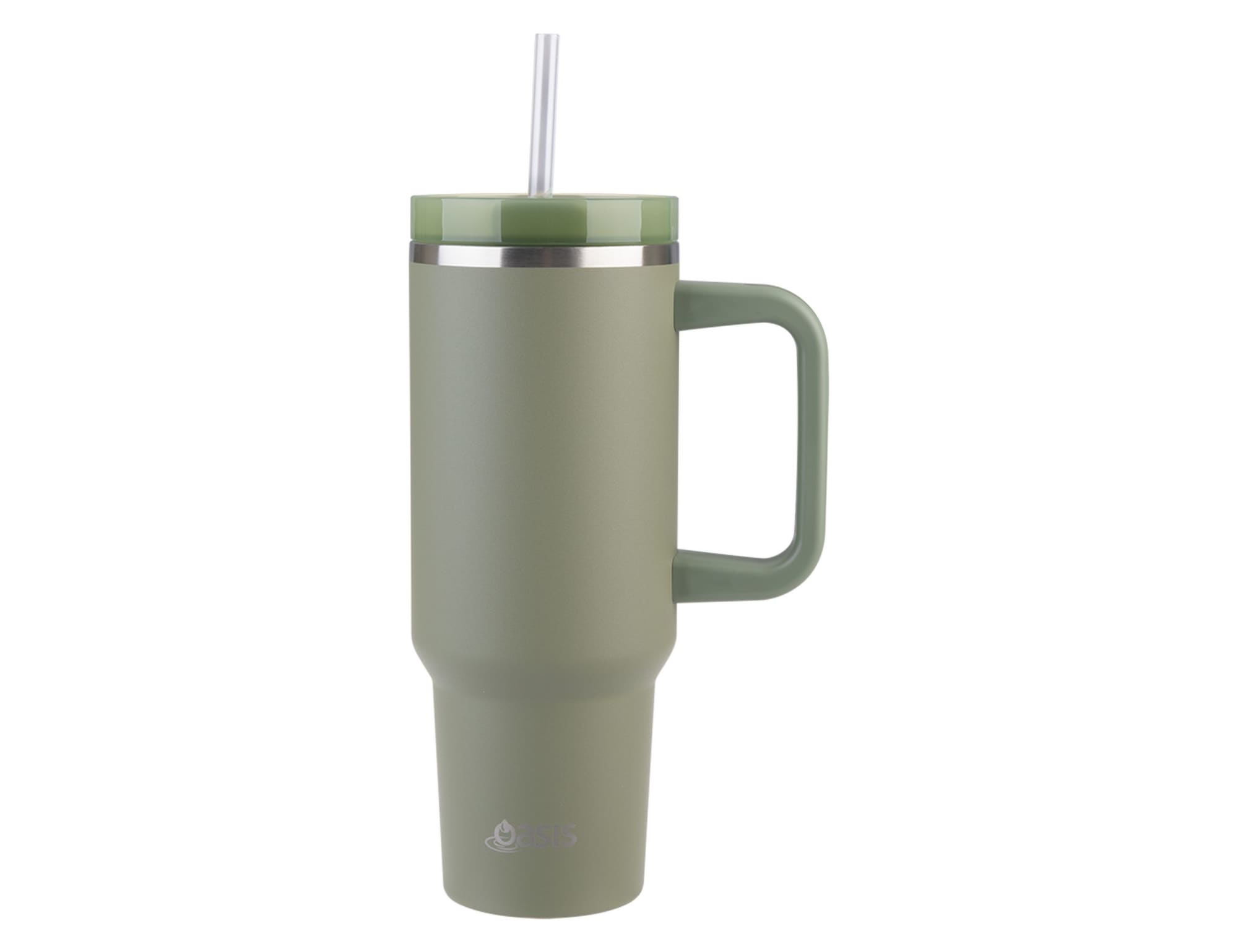 A drink bottle in matte olive green with a silver rim, a handle, and a straw. It includes a logo.