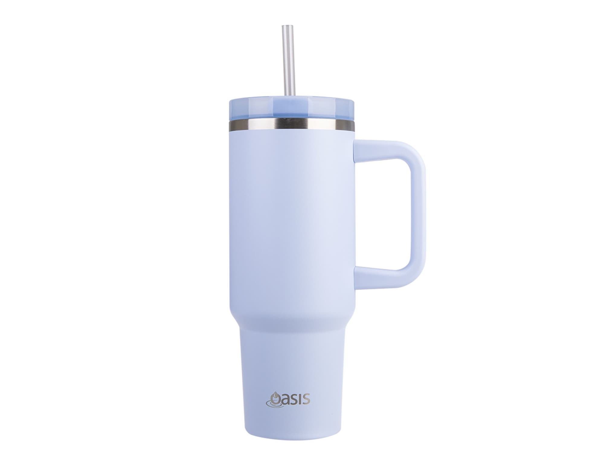 A drink bottle in light blue with a handle, metal rim, and a straw, featuring a logo on the front.