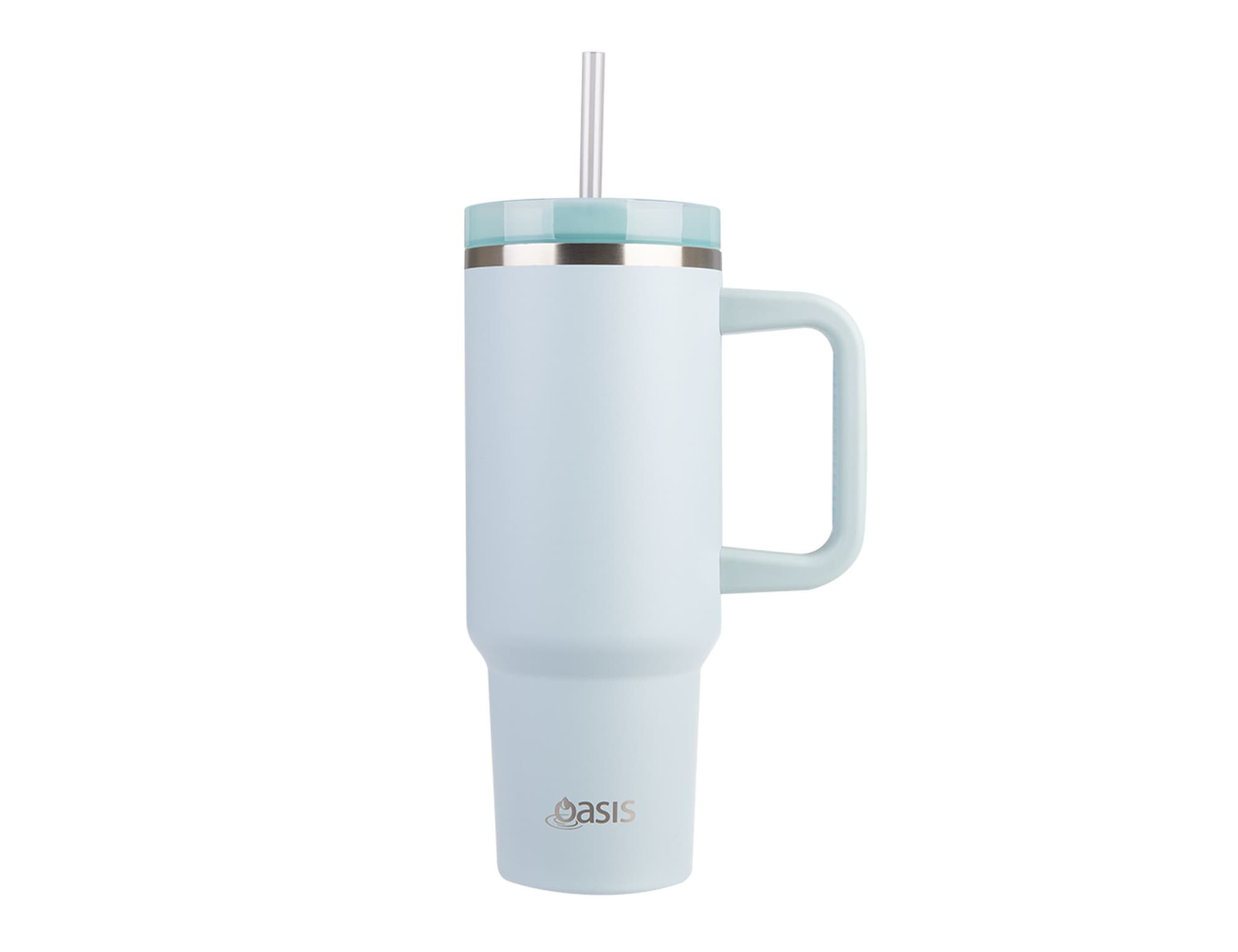 A drink bottle in light blue with a handle and straw, featuring a silver accent and a logo.