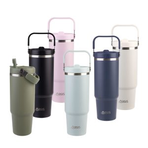A drink bottle collection featuring six vacuum carry tumblers in green, pink, navy, white, and light blue, with a logo.