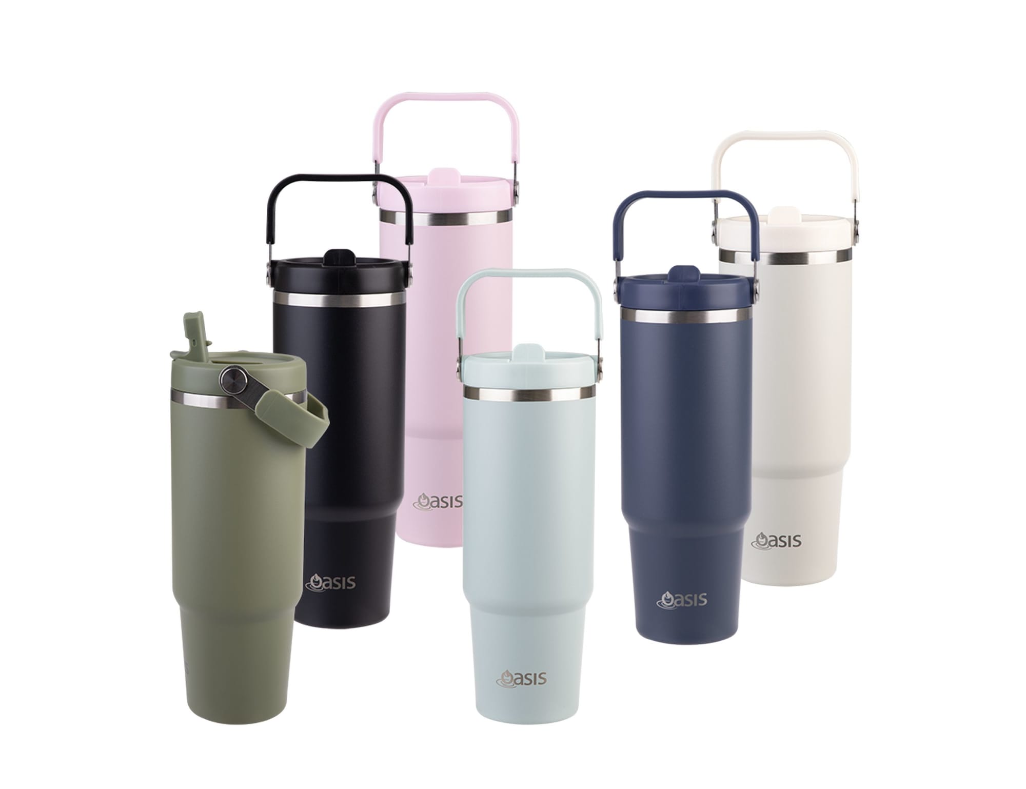 A drink bottle collection featuring six vacuum carry tumblers in green, pink, navy, white, and light blue, with a logo.