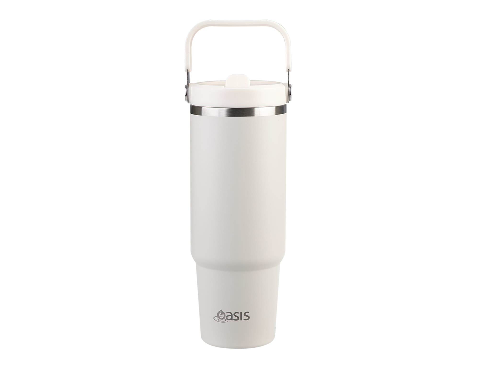 A drink bottle in white with a silver band and a handle, featuring a logo on the front.