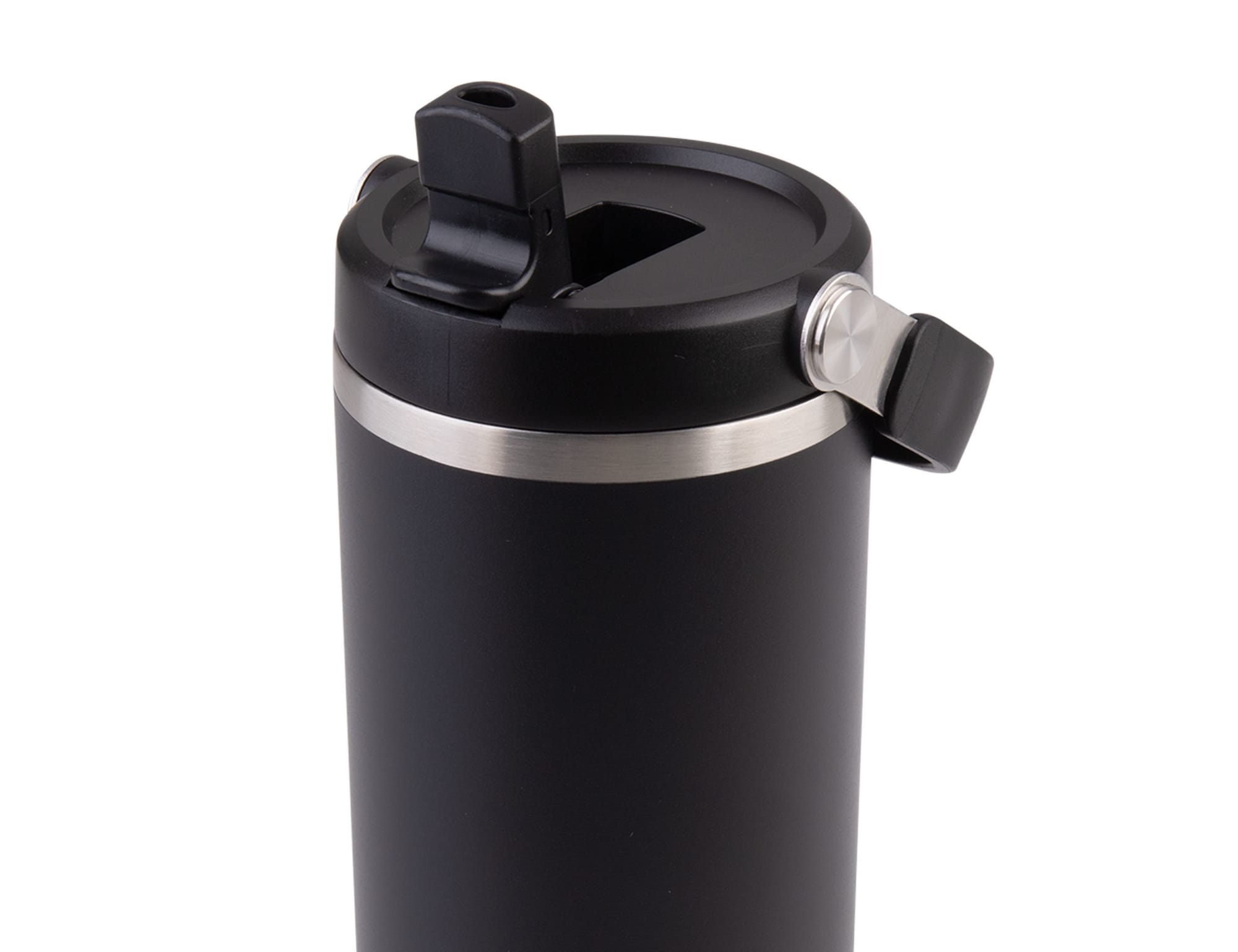 A drink bottle with a sleek black finish, featuring a metal rim and a flip-top lid. It has a logo on the side.