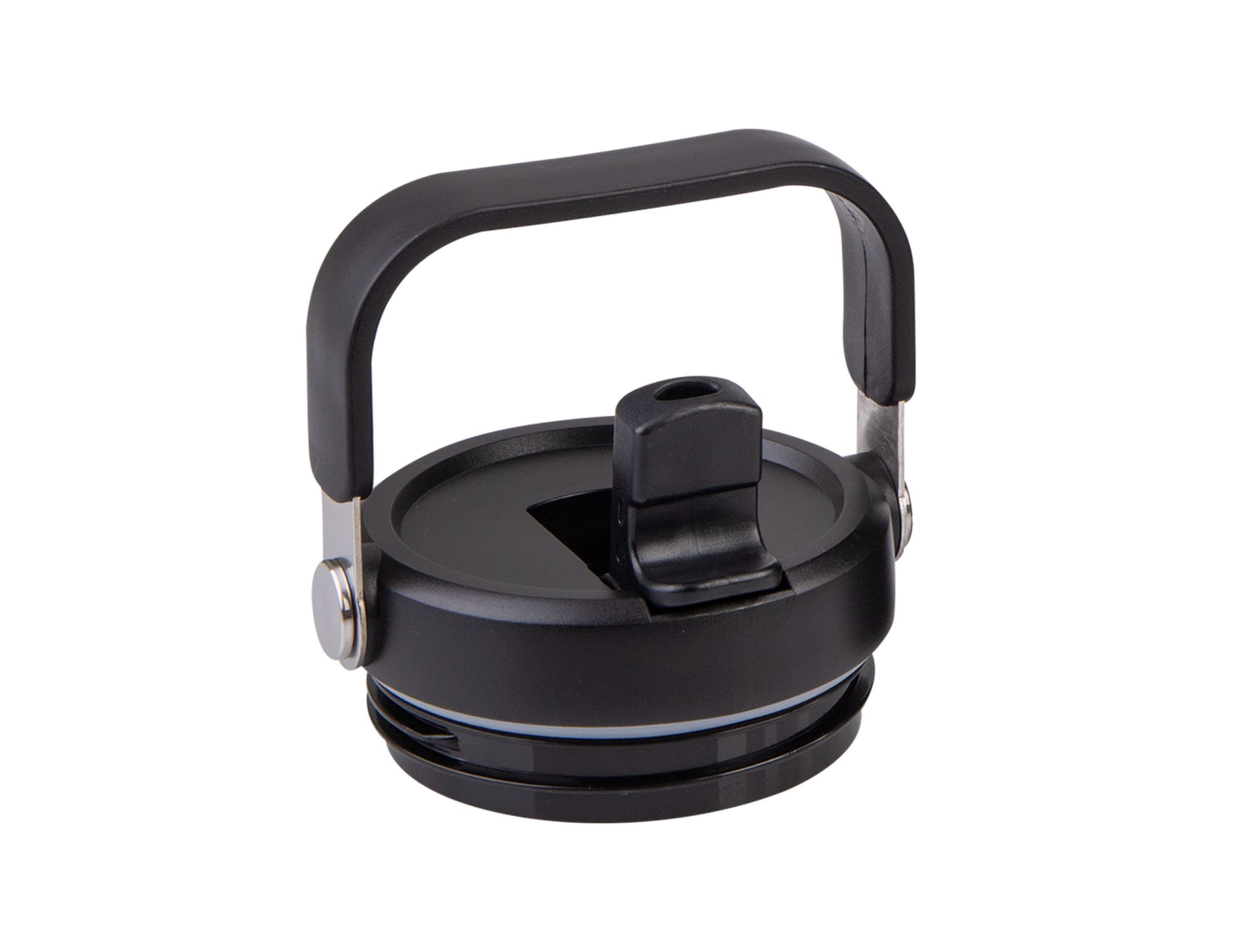 A drink bottle lid in black with a handle and spout. Features a silver metal accent and a circular design.