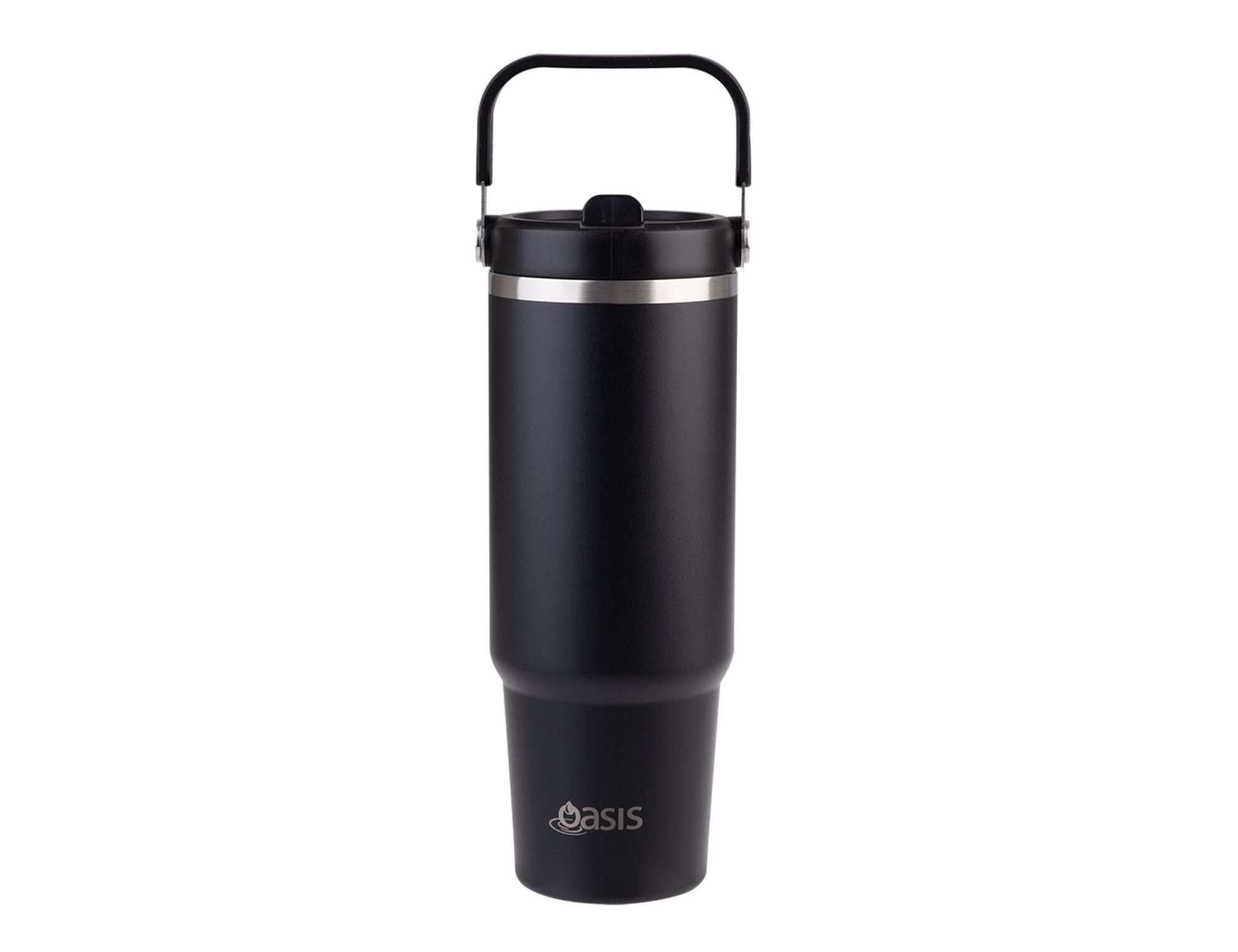 A drink bottle designed as a 900ml vacuum carry tumbler in matte black with a handle and a silver band.