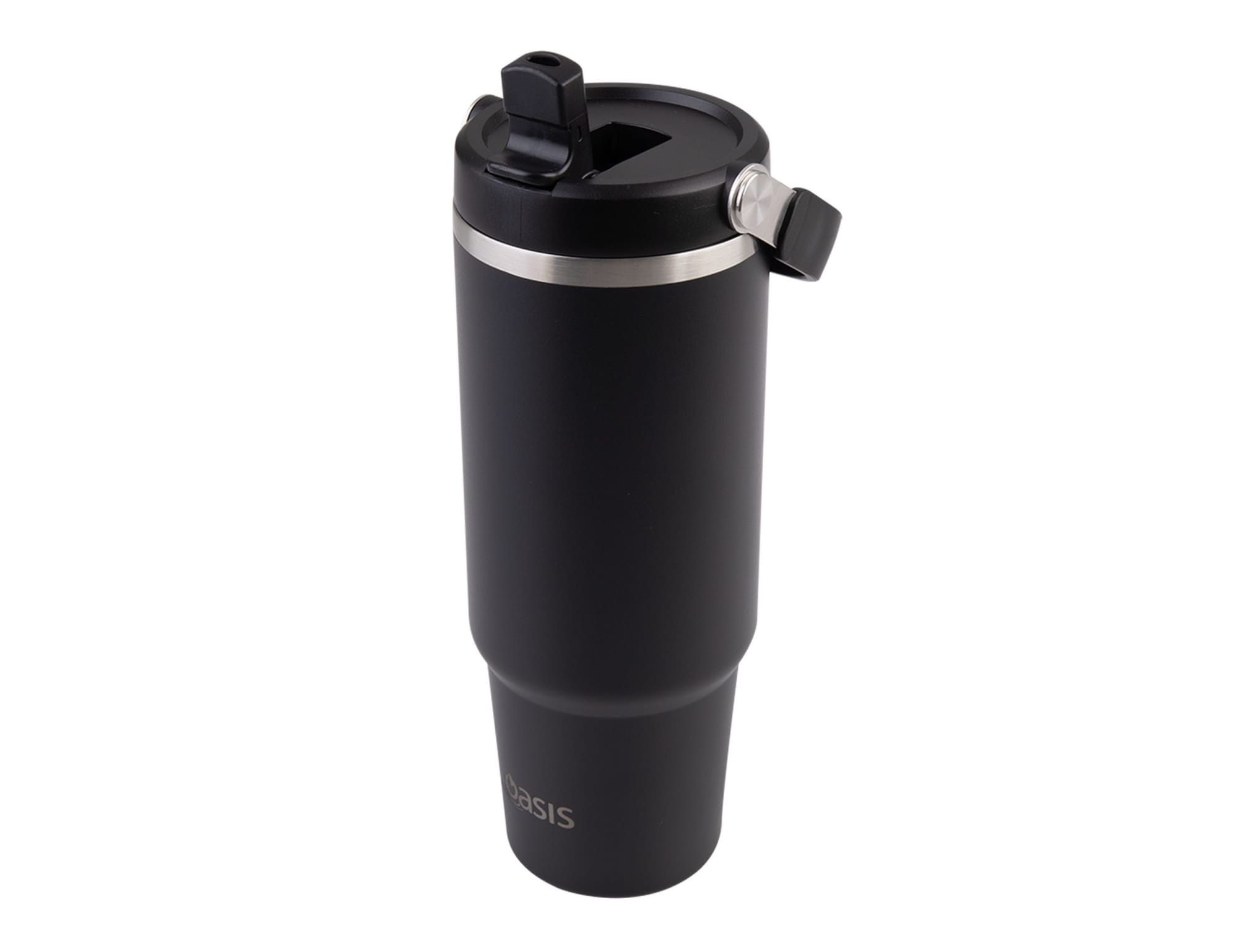 A drink bottle in matte black with a silver band and a clear flip-top lid. It features a logo.
