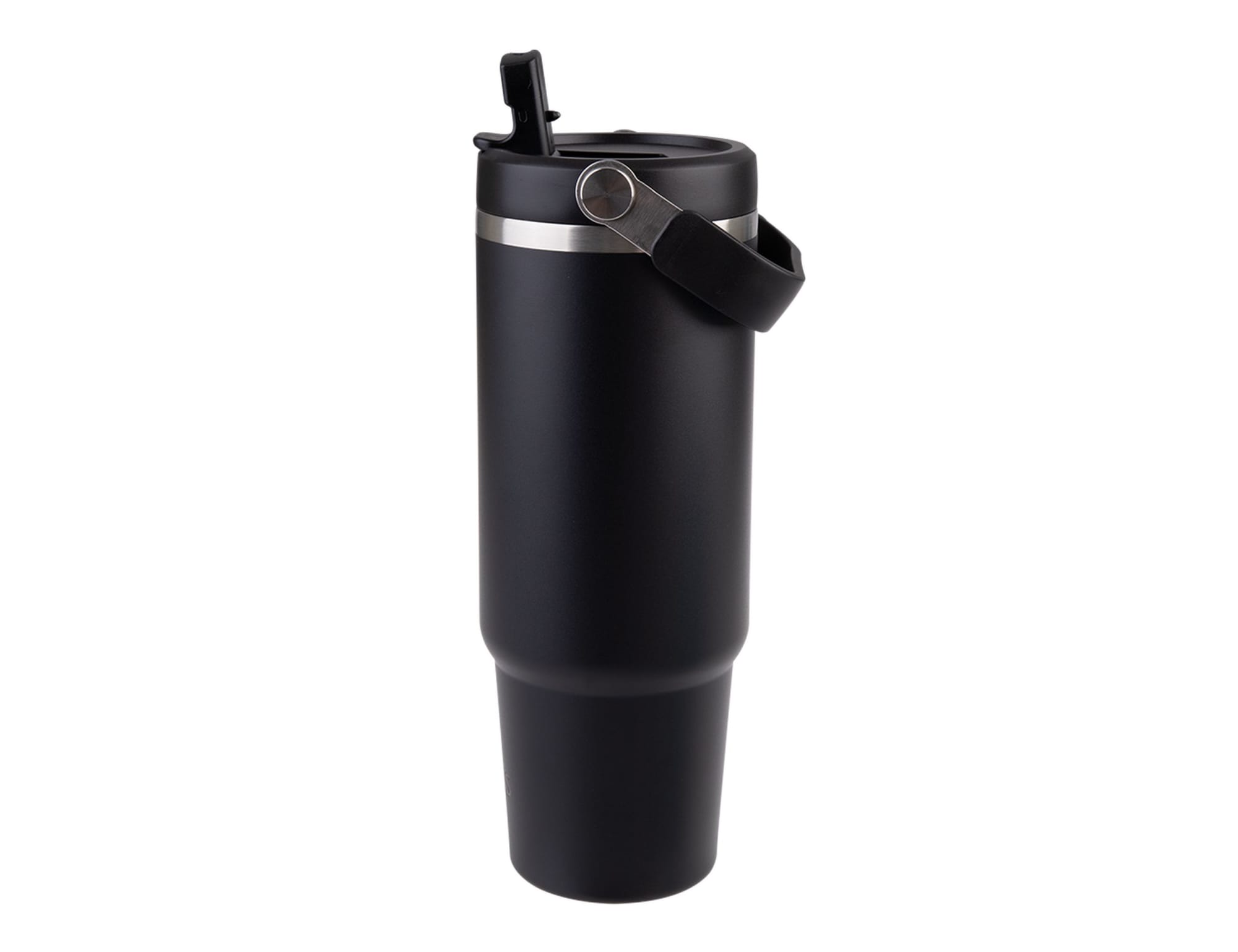 A drink bottle featuring a sleek black design with a silver band and a carrying handle, complete with a lid.