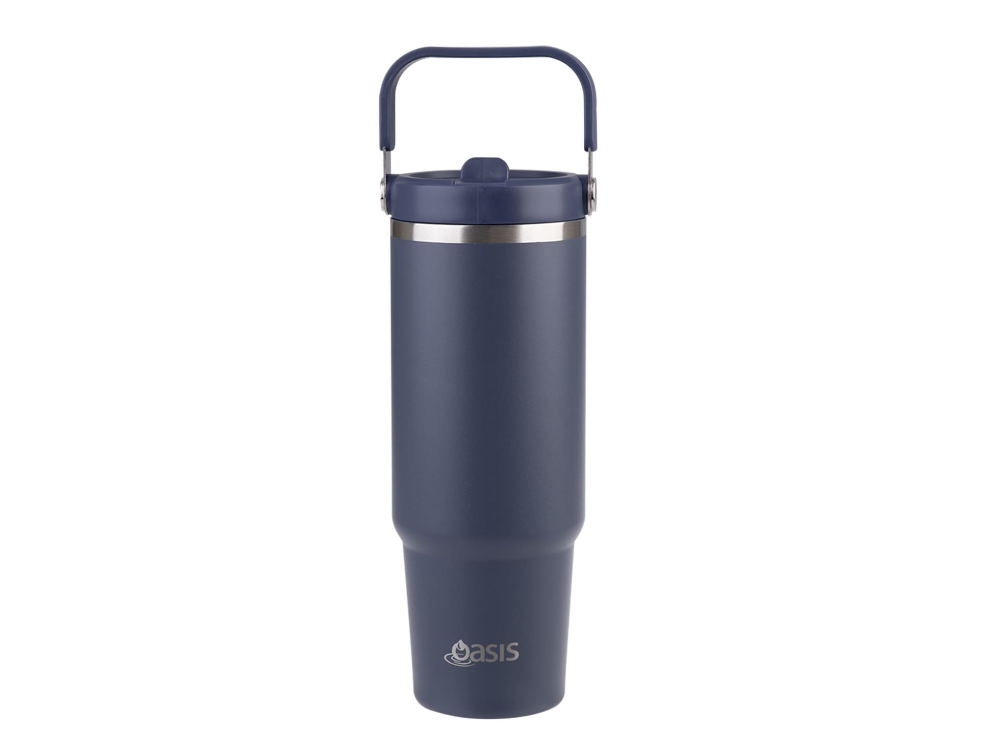 A drink bottle in navy blue with a stainless steel band and a handle, featuring a logo.