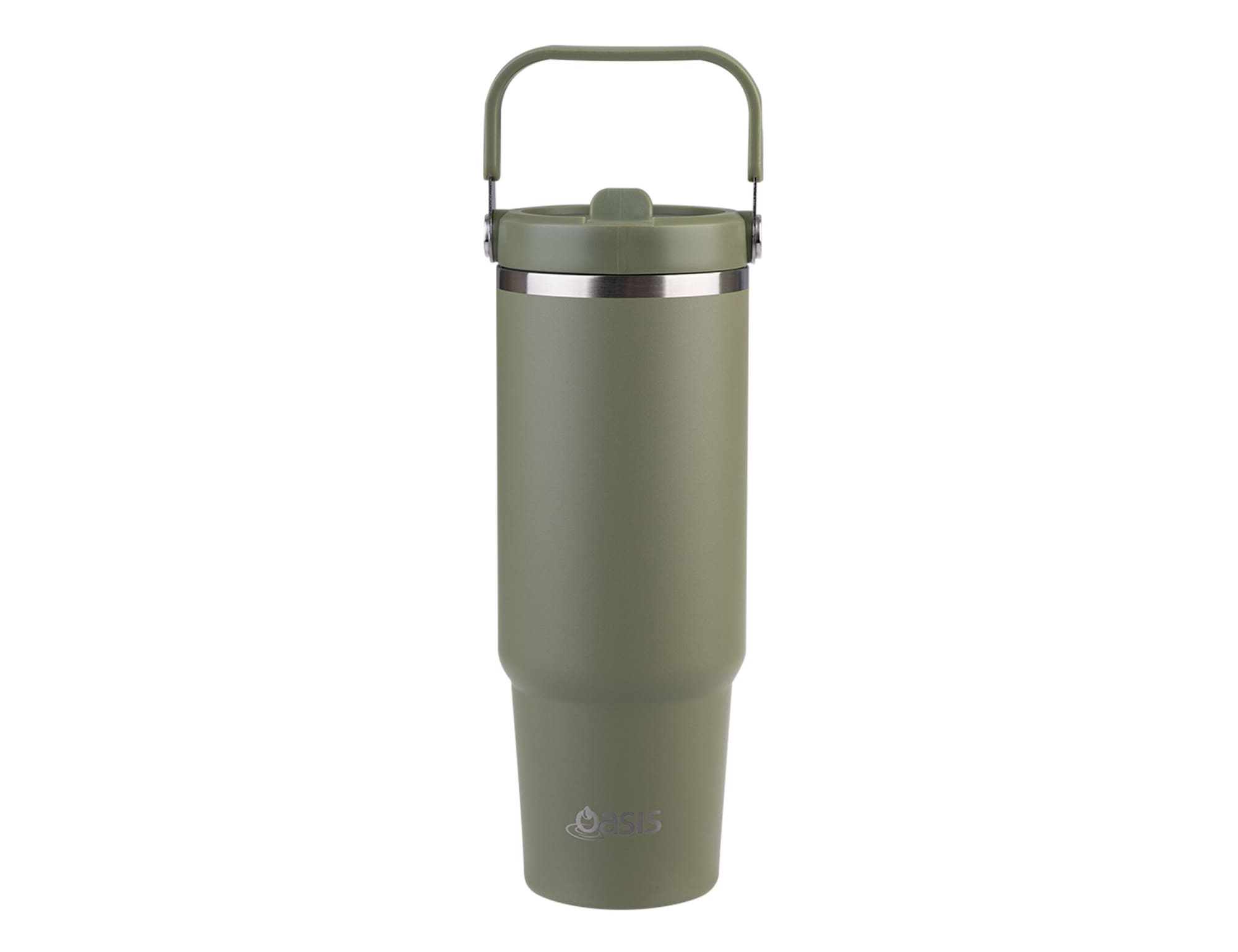 A drink bottle in olive green with a silver band and a carry handle, featuring a logo on the front.