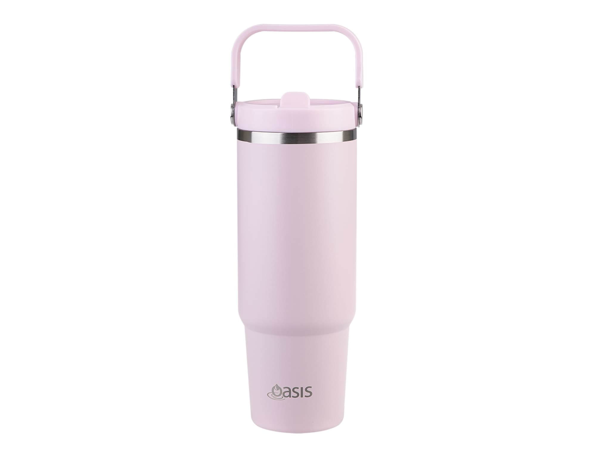 A drink bottle in soft pink with a stainless steel band and a handle, featuring a logo on the side.