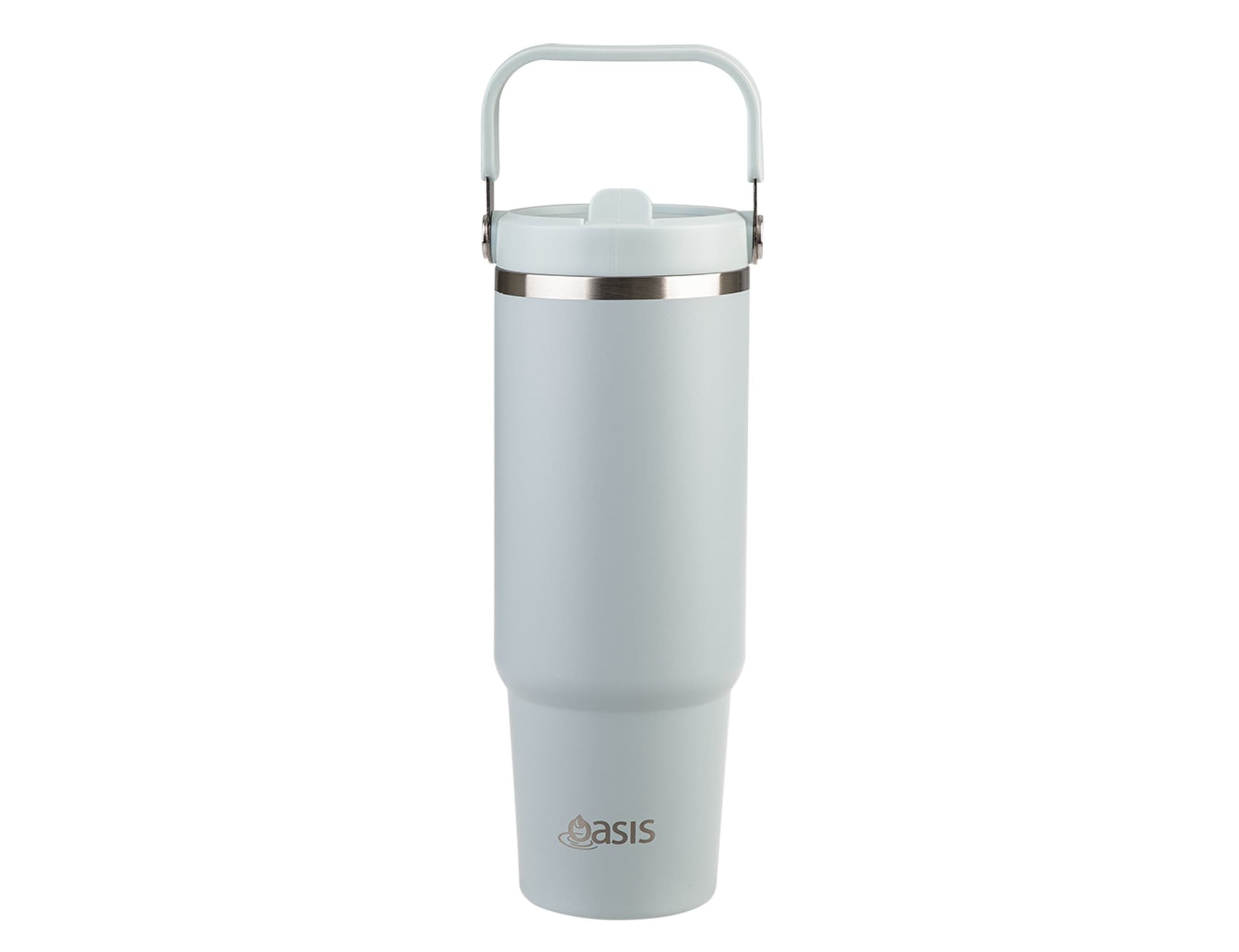 A drink bottle in pale blue, featuring a stainless steel band and a handle for easy carrying. It includes a logo.