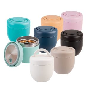 A drink bottle assortment featuring various colours, including teal, navy, pastel pink, peach, black, and white, with a stainless steel interior.