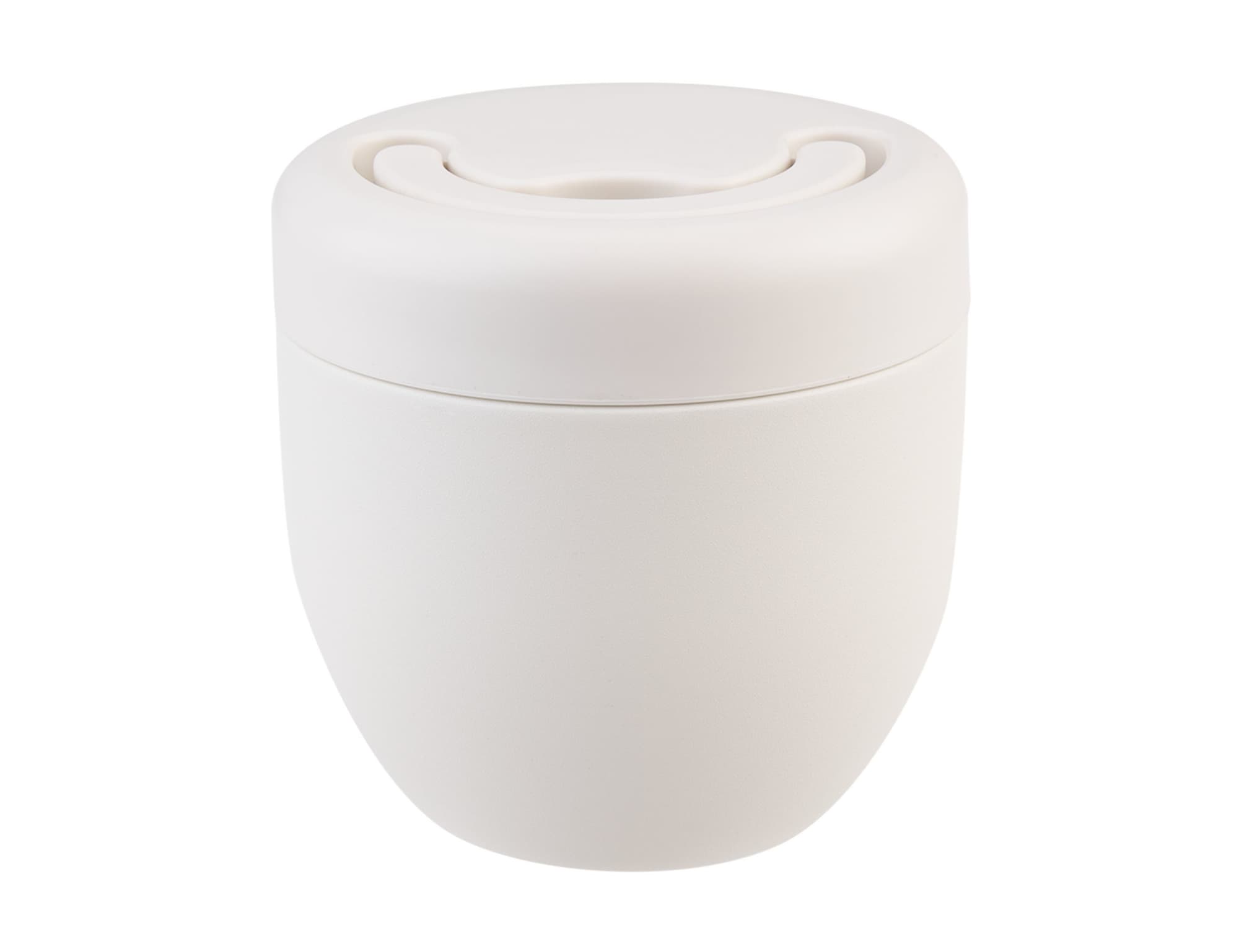 A drink bottle in a sleek, off-white design with a spill-proof lid and a smooth finish. It features a logo.