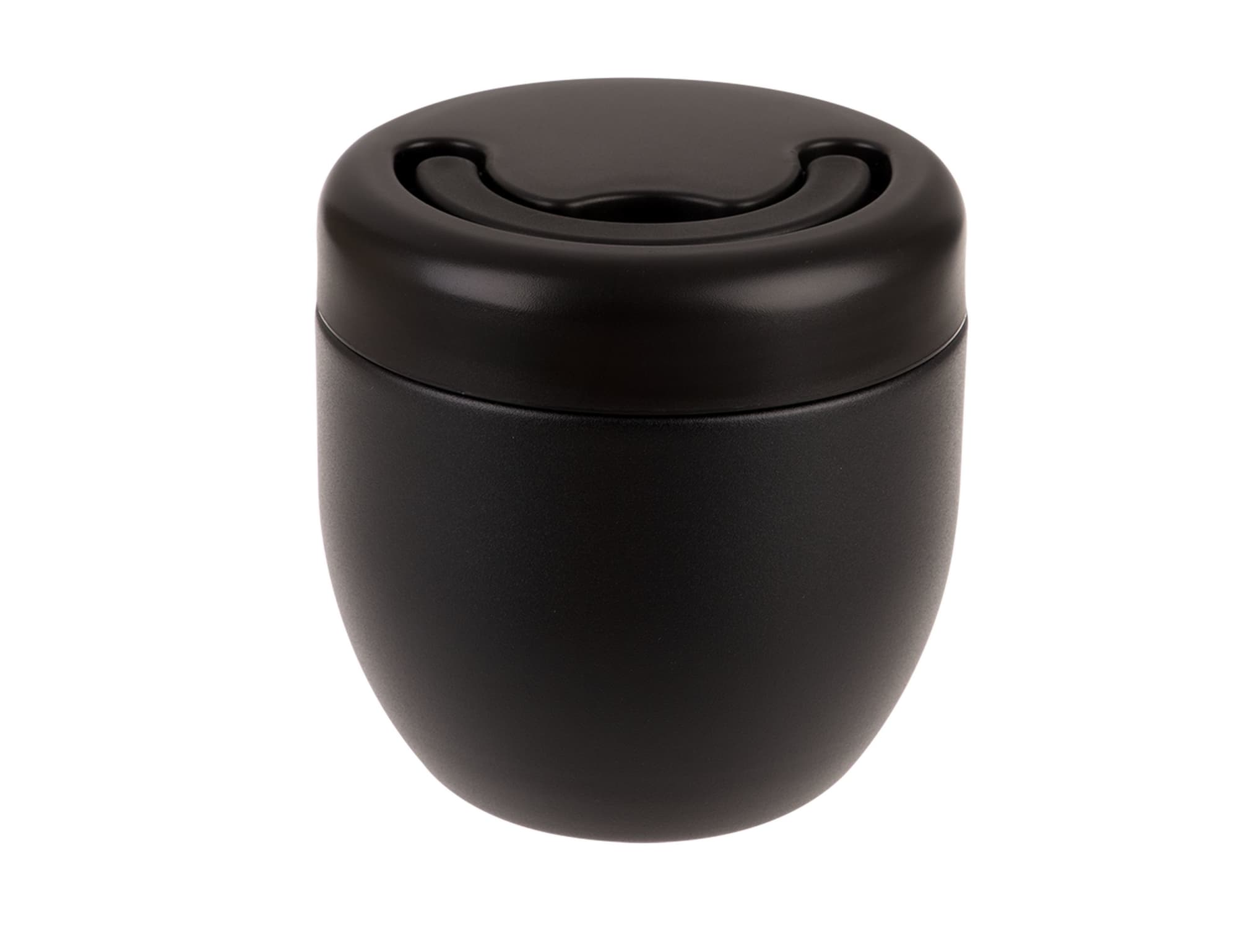A vacuum food pod in matte black, featuring a smooth finish and a curved lid design. It includes a logo.