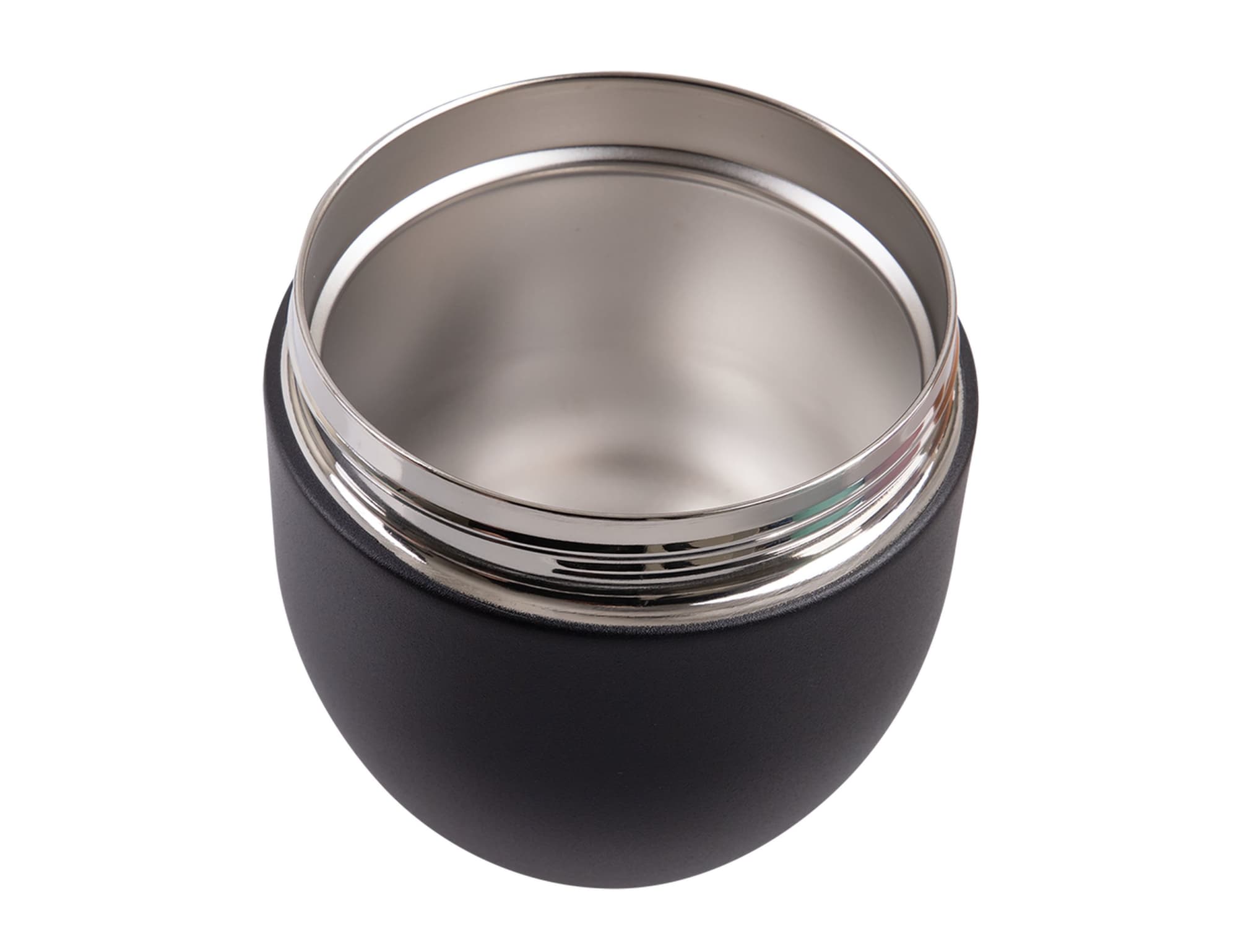 A vacuum food pod with a sleek black exterior and shiny stainless steel interior. It features a branding logo.