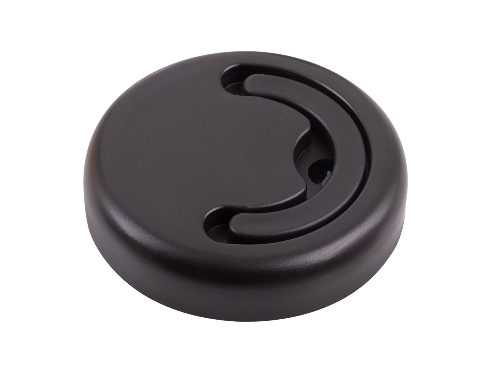 A round black lid with a groove design for easy handling, featuring a logo on the surface.