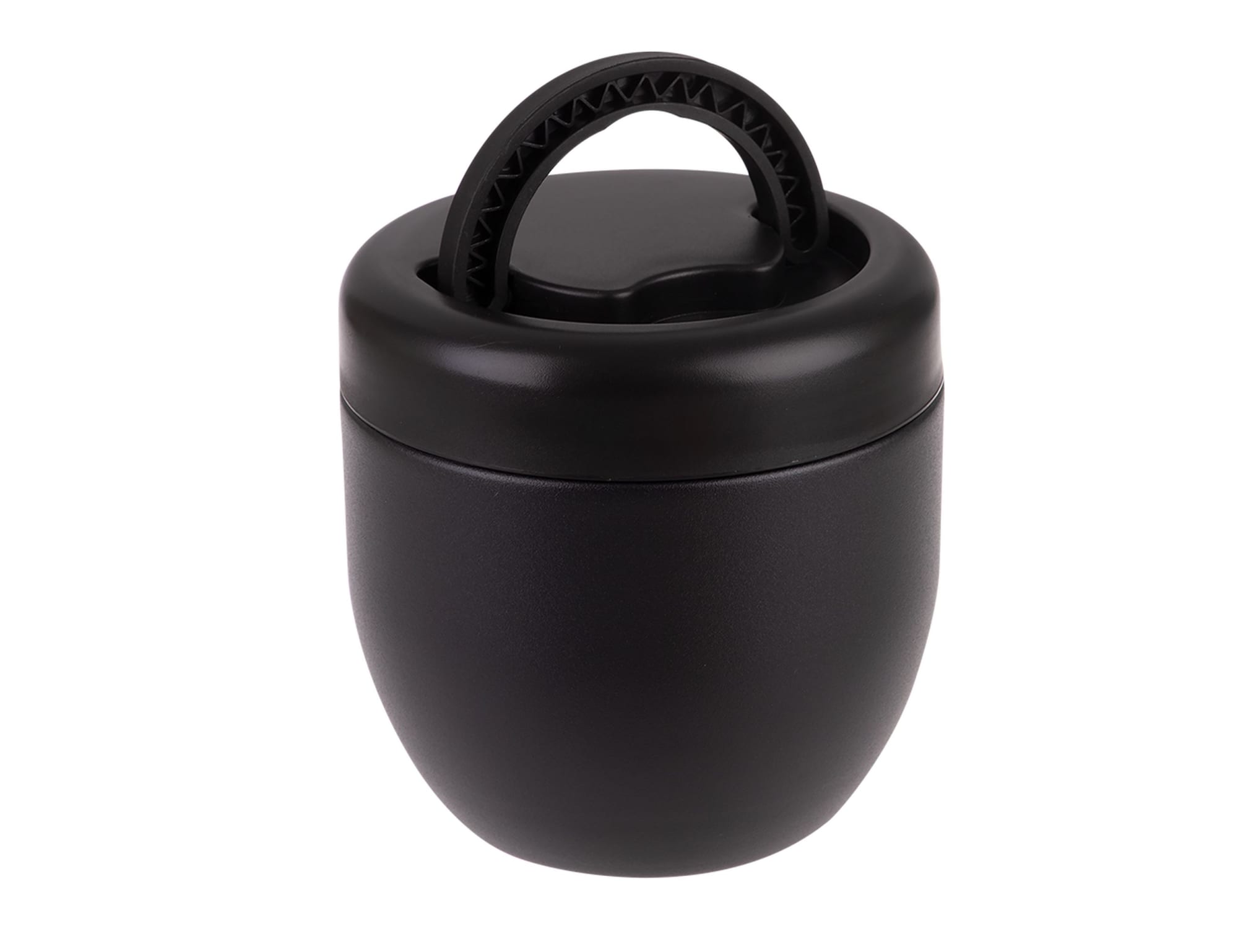 A vacuum food pod in matte black, featuring a textured handle and a secure lid. It has a logo on the side.