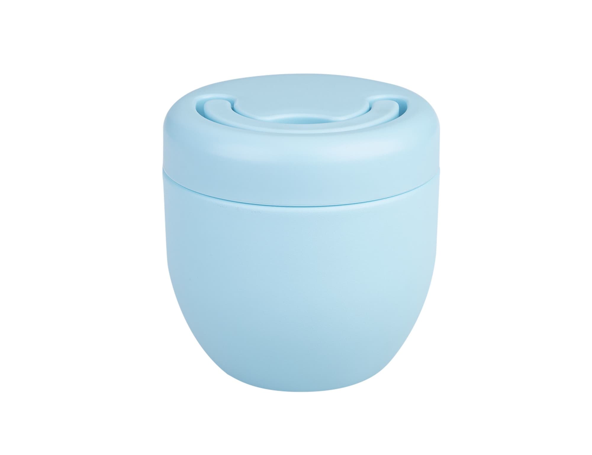 A vacuum food pod in light blue, featuring a rounded design and a secure lid. It has a visible logo.