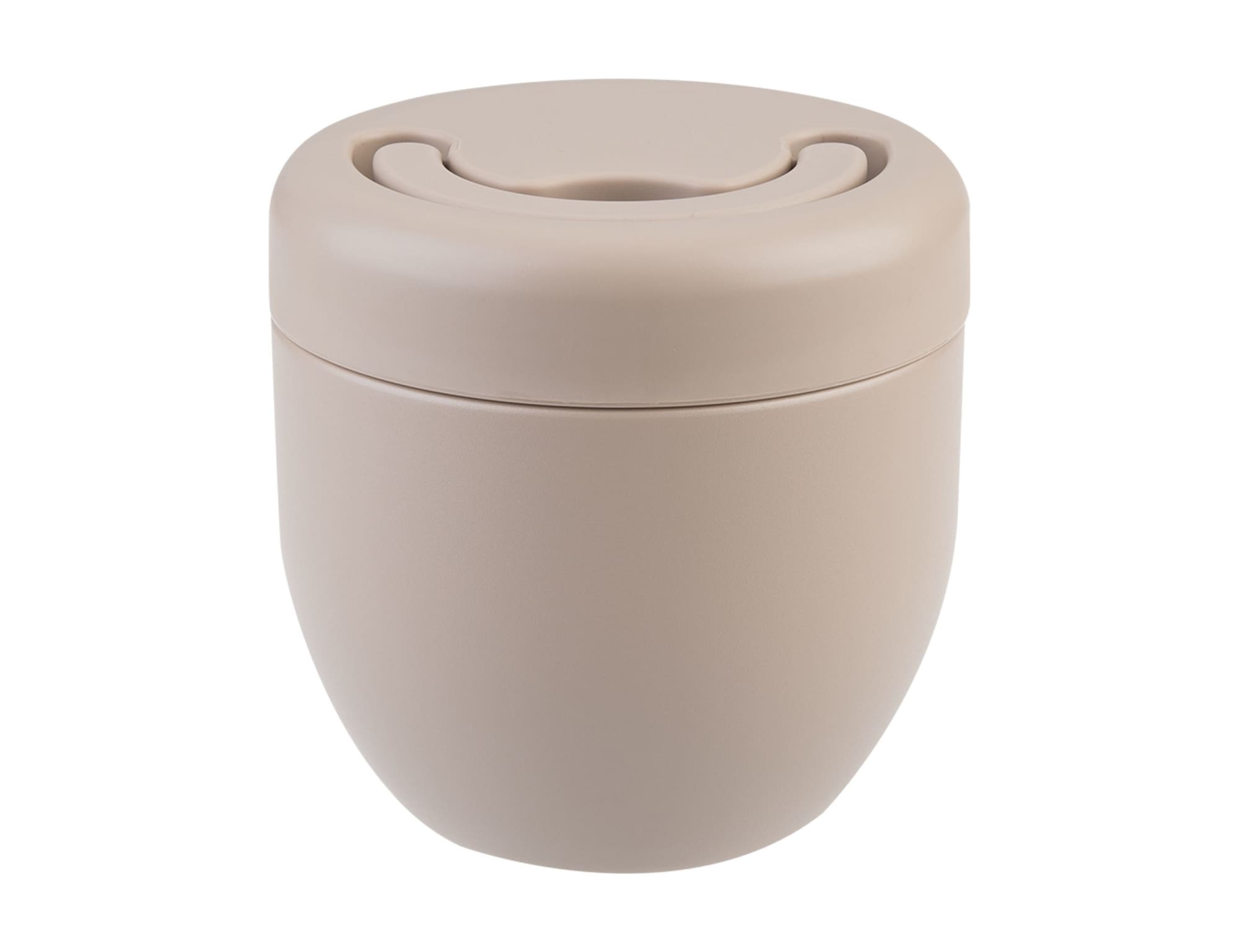 A vacuum food pod in a soft beige colour with a smooth, rounded design and a lid featuring a circular opening.