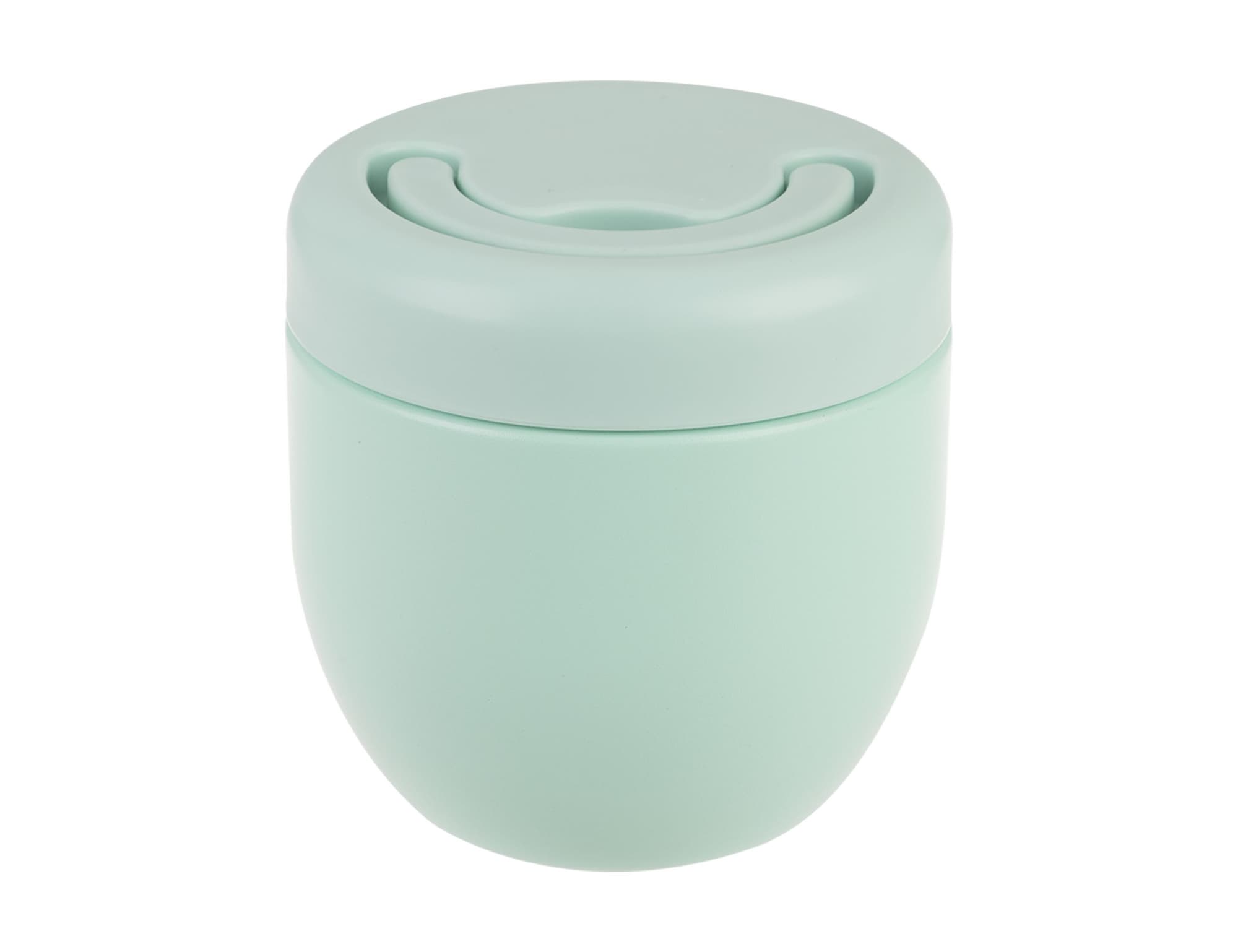 A drink bottle in soft mint green with a lid and a sleek, rounded design. It features a branding logo.