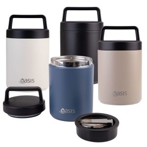 A range of Oasis vacuum food flasks in cream, black, beige, and navy, featuring handles and spoons.