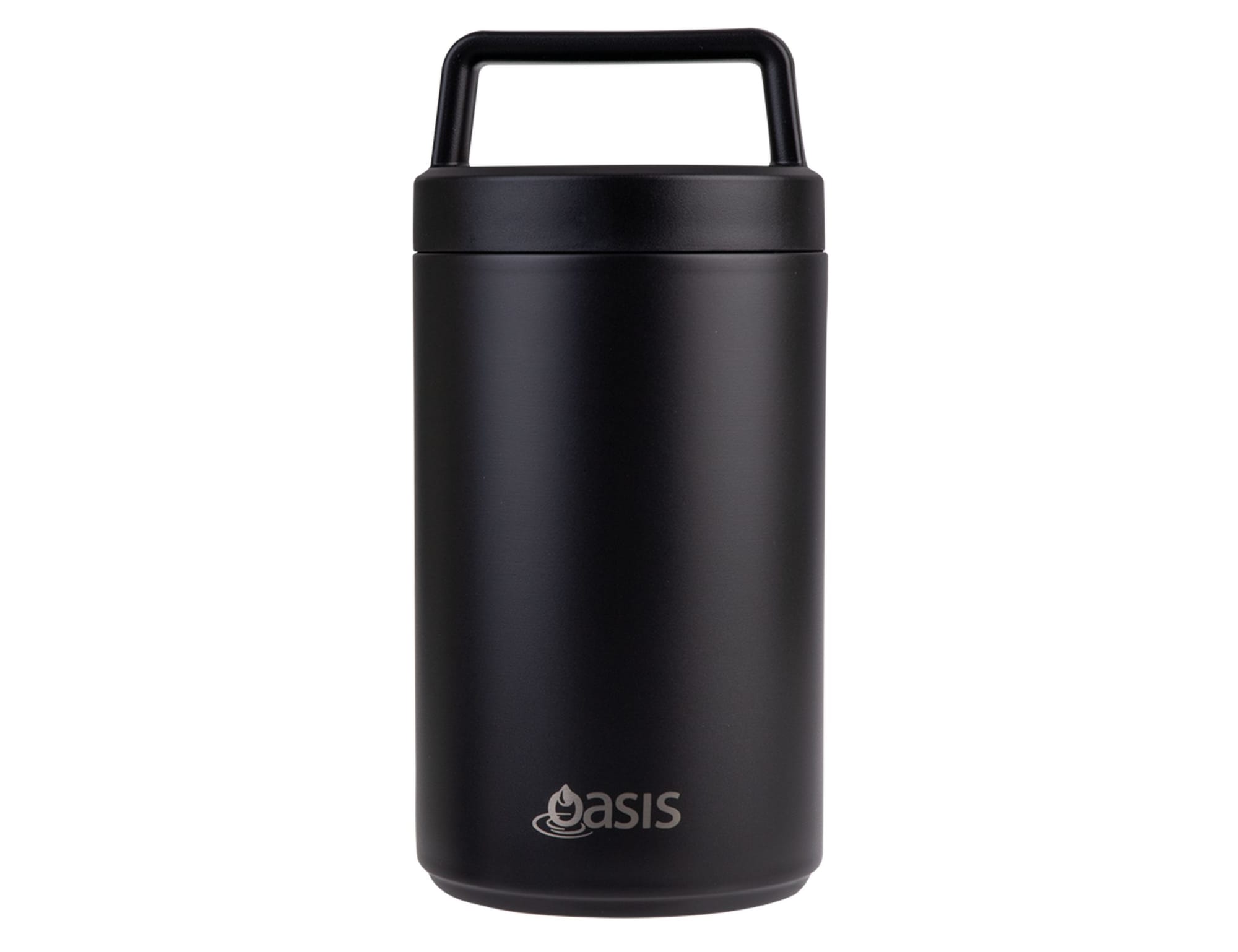 A drink bottle with a sleek black exterior, featuring a handle and an attached spoon. Branding is present.