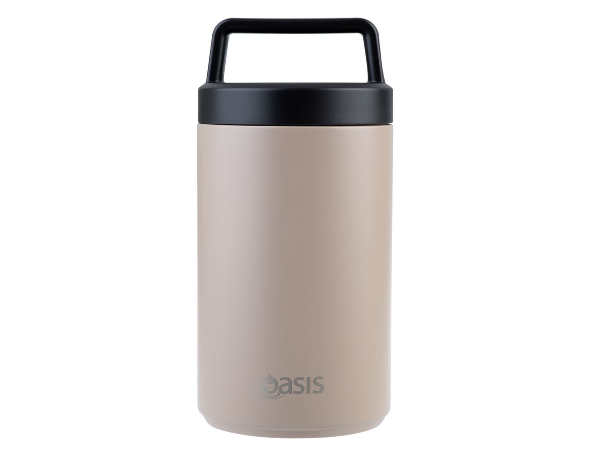 A 700ml vacuum food flask in a matte beige colour with a black lid and handle, featuring a branding logo.