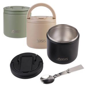 A drink bottle set featuring a green, beige, and black vacuum food flask, with a spork included and a logo.