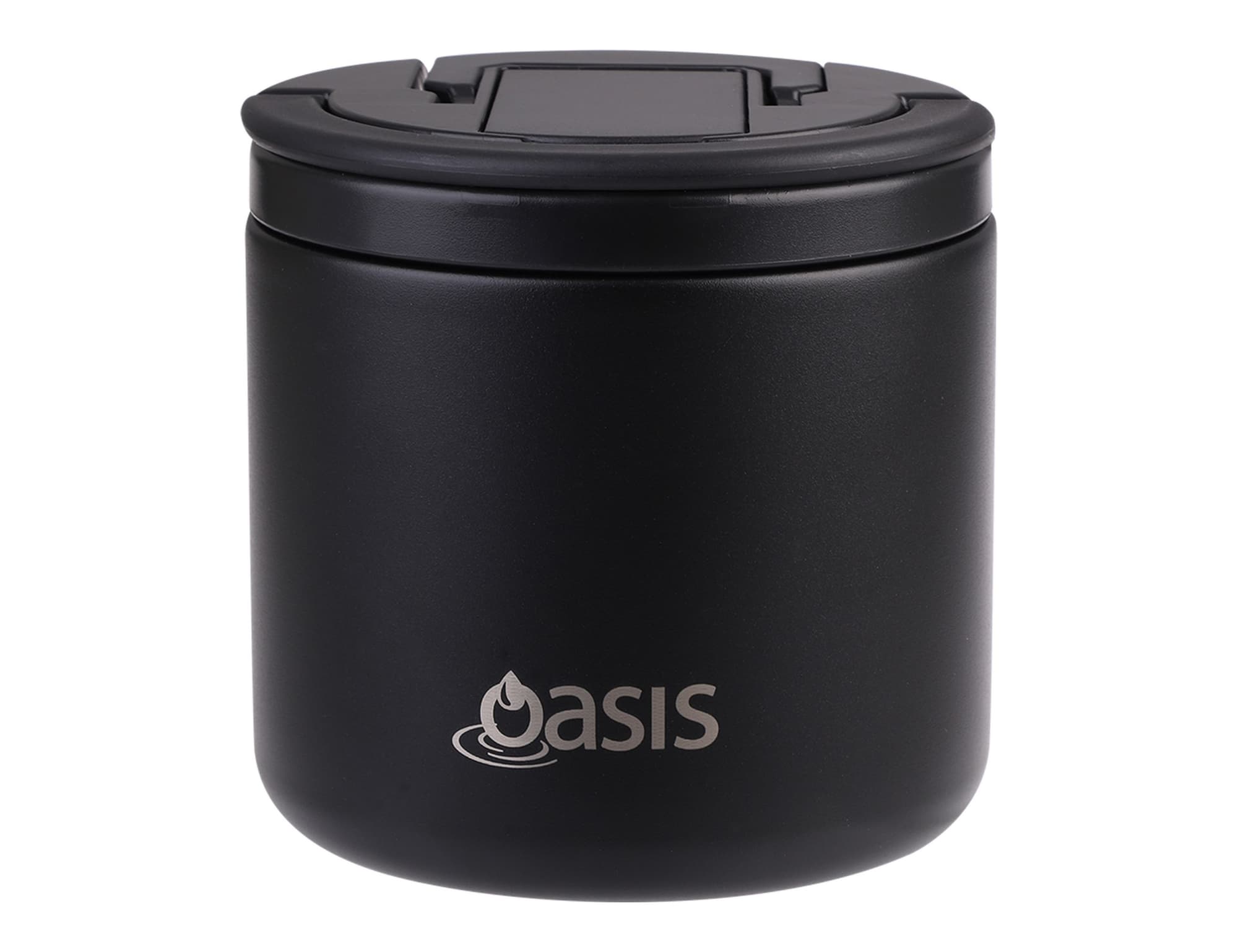 A drink bottle in matte black with a spork attached, featuring a logo on the front.